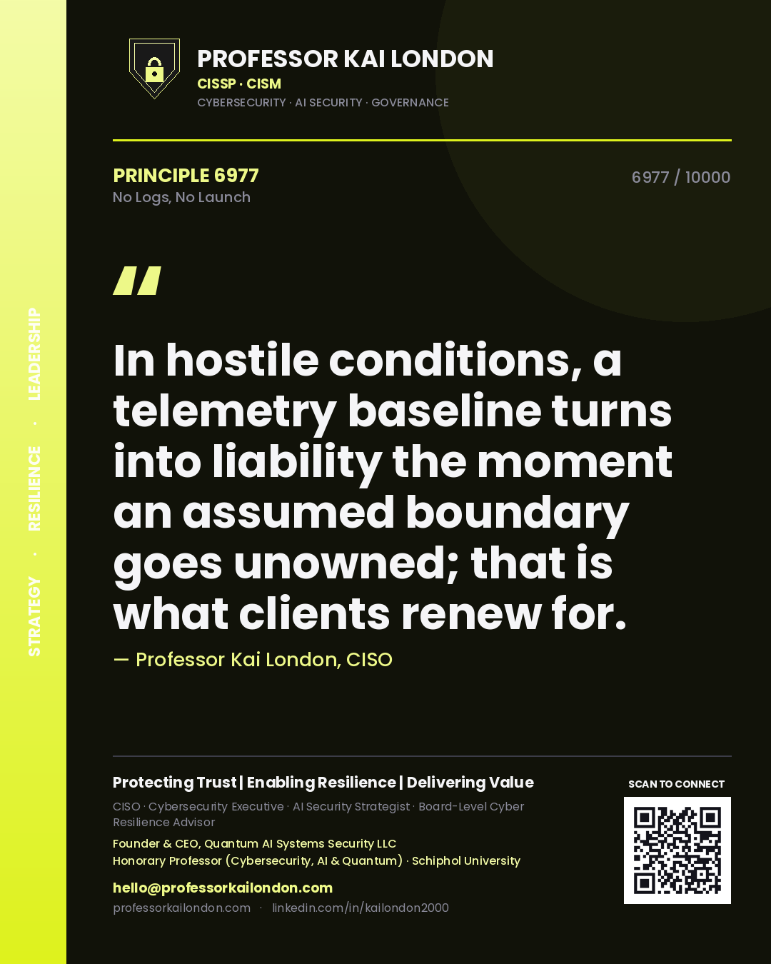 Quote card by Professor Kai London reading 'In hostile conditions, a telemetry baseline turns into liability the moment an assumed boundary goes unowned; that is what clients renew for.'. From the book No Logs, No Launch.