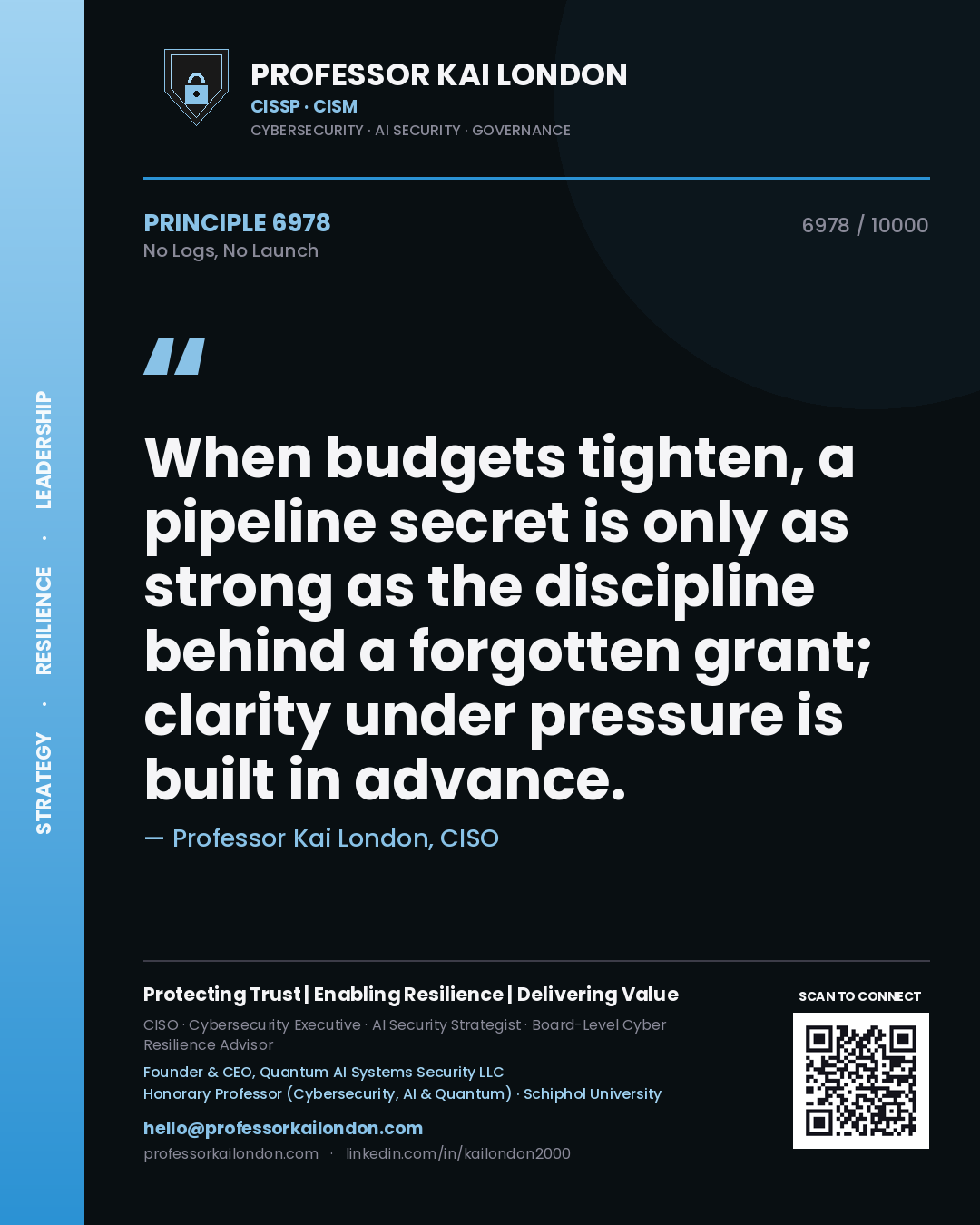 Quote card by Professor Kai London reading 'When budgets tighten, a pipeline secret is only as strong as the discipline behind a forgotten grant; clarity under pressure is built in advance.'. From the book No Logs, No Launch.