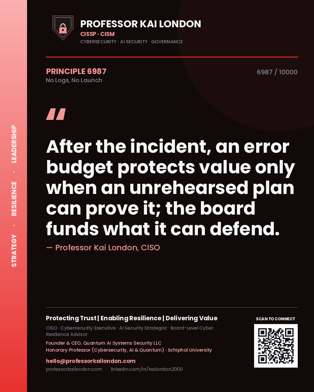Quote card by Professor Kai London reading 'After the incident, an error budget protects value only when an unrehearsed plan can prove it; the board funds what it can defend.'. From the book No Logs, No Launch.