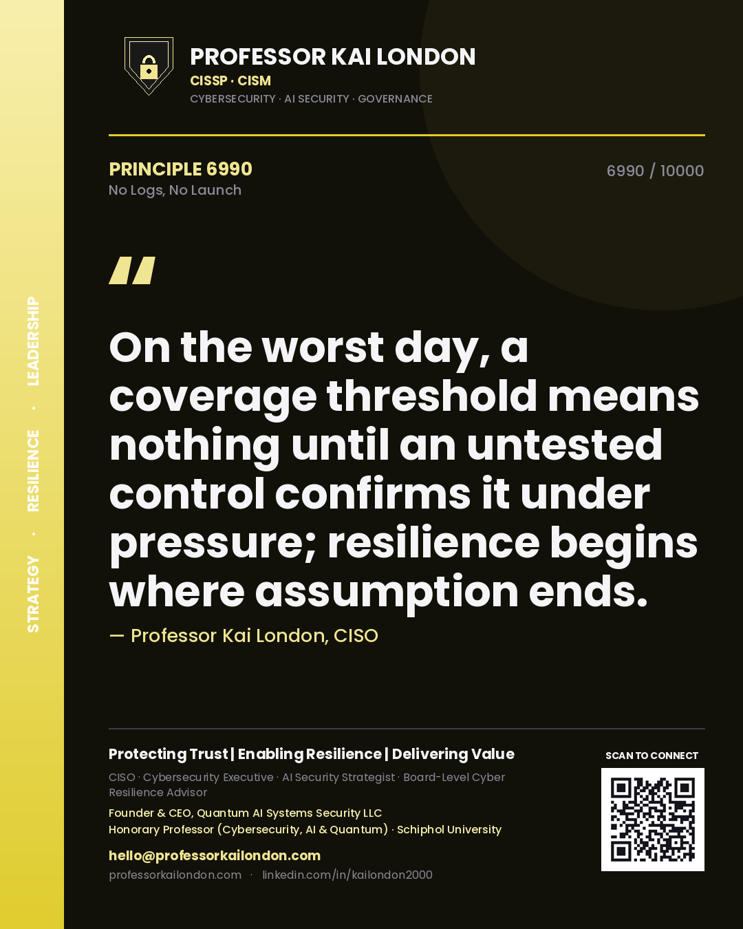 Quote card by Professor Kai London reading 'On the worst day, a coverage threshold means nothing until an untested control confirms it under pressure; resilience begins where assumption ends.'. From the book No Logs, No Launch.