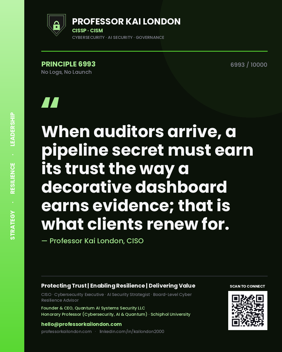 Professor Kai London principle 6993: When auditors arrive, a pipeline secret must earn its trust the way a decorative dashboard earns evidence; that is what clients renew for.