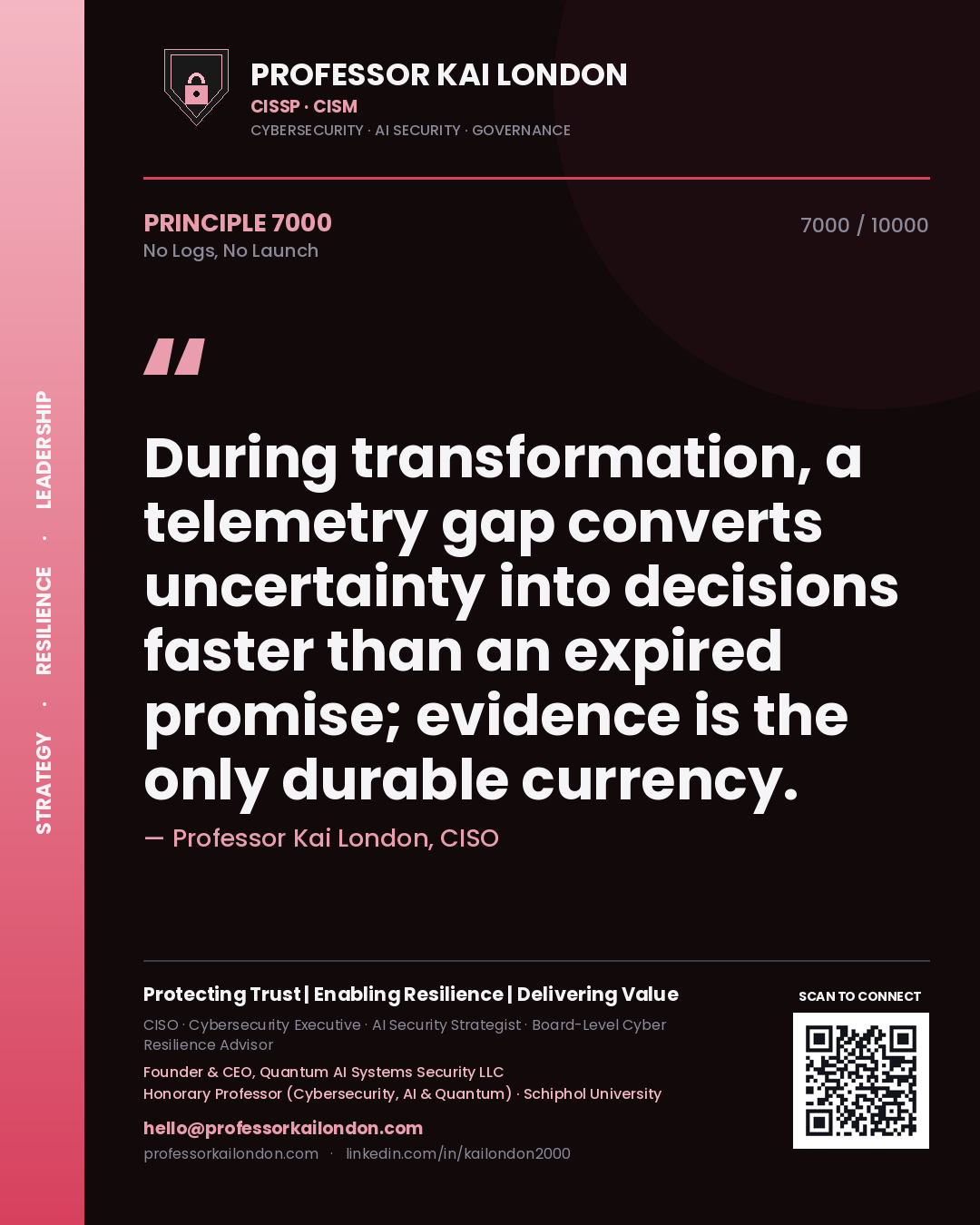 Quote card by Professor Kai London reading 'During transformation, a telemetry gap converts uncertainty into decisions faster than an expired promise; evidence is the only durable currency.'. From the book No Logs, No Launch.