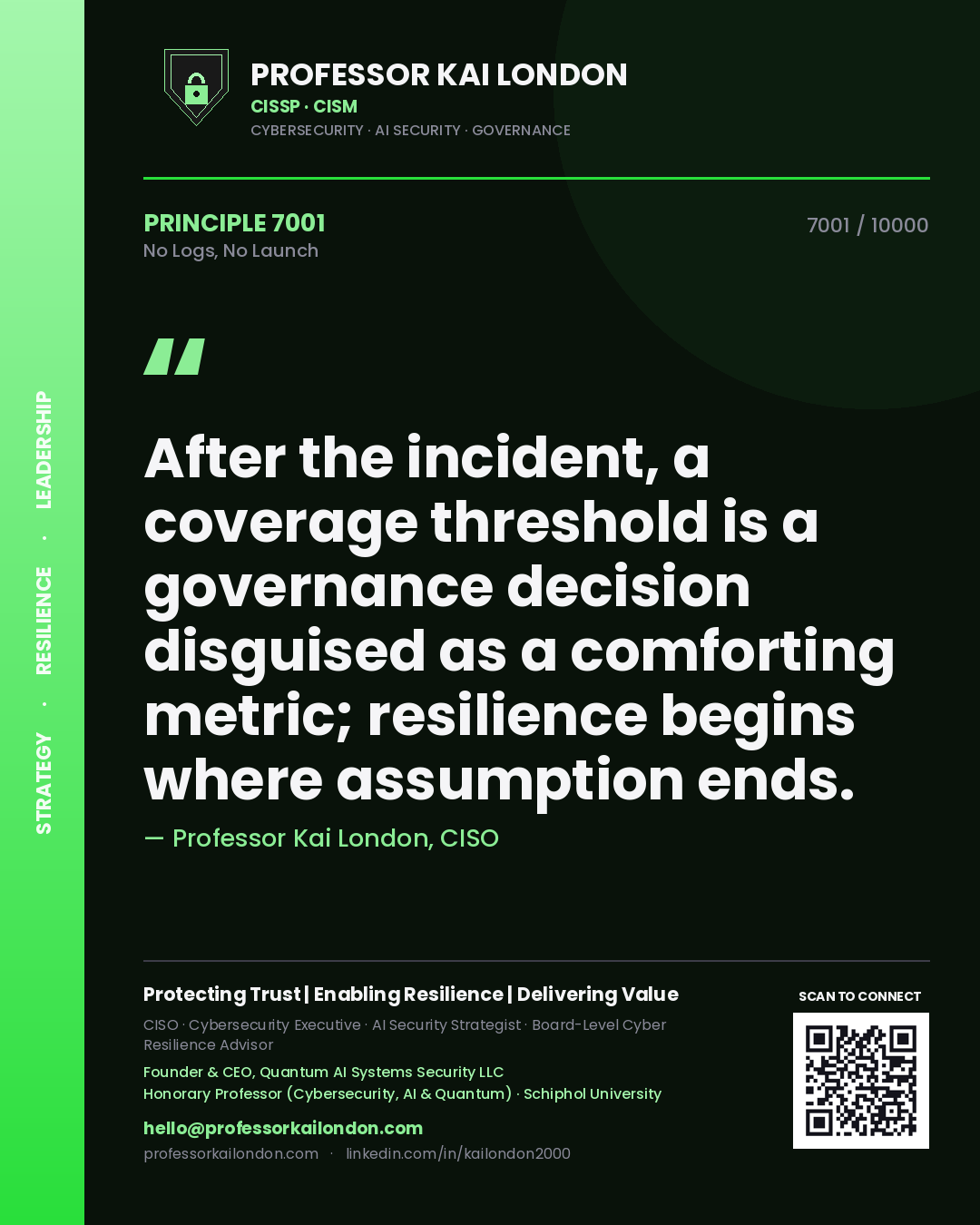 Professor Kai London principle 7001: After the incident, a coverage threshold is a governance decision disguised as a comforting metric; resilience begins where assumption ends.