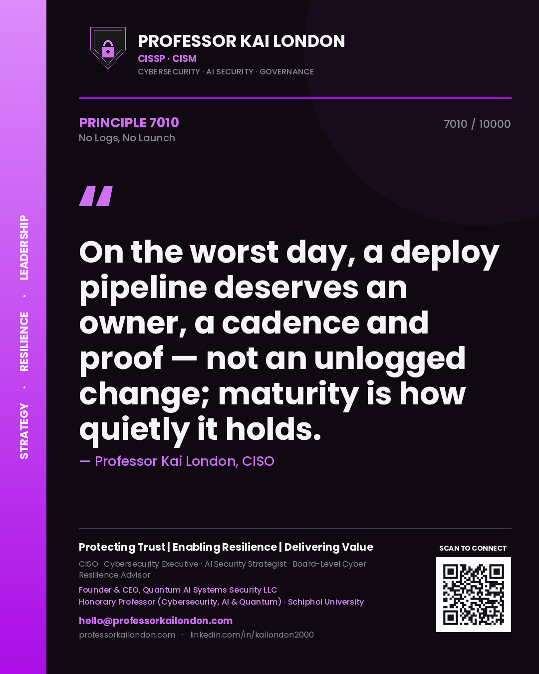 Professor Kai London principle 7010: On the worst day, a deploy pipeline deserves an owner, a cadence and proof — not an unlogged change; maturity is how quietly it holds.