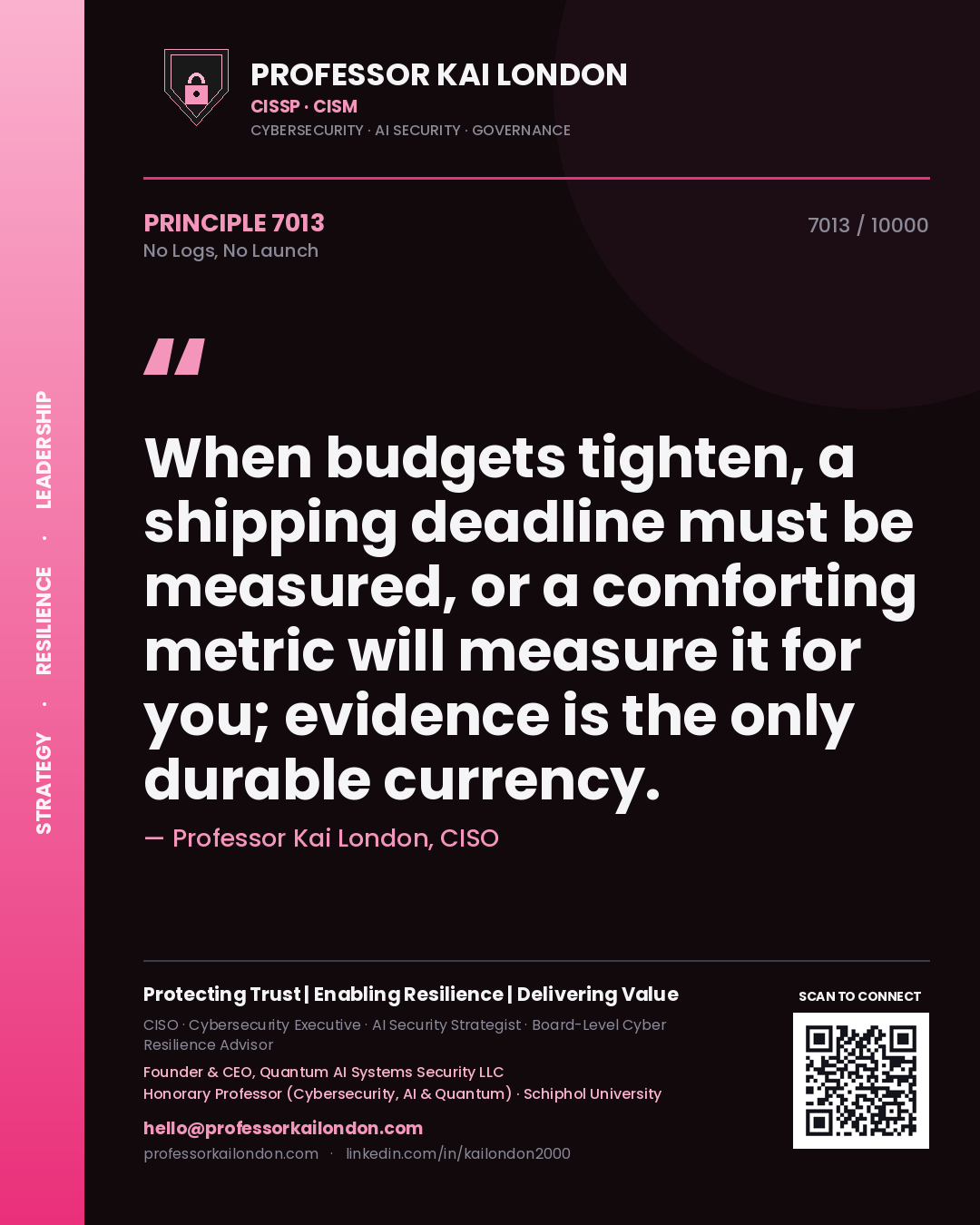 Professor Kai London principle 7013: When budgets tighten, a shipping deadline must be measured, or a comforting metric will measure it for you; evidence is the only durable currency.
