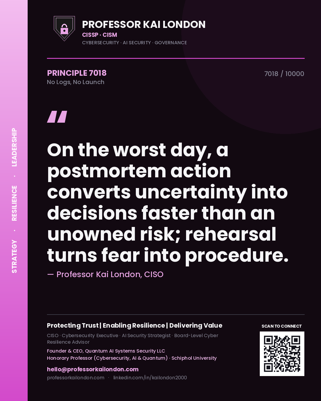 Professor Kai London principle 7018: On the worst day, a postmortem action converts uncertainty into decisions faster than an unowned risk; rehearsal turns fear into procedure.