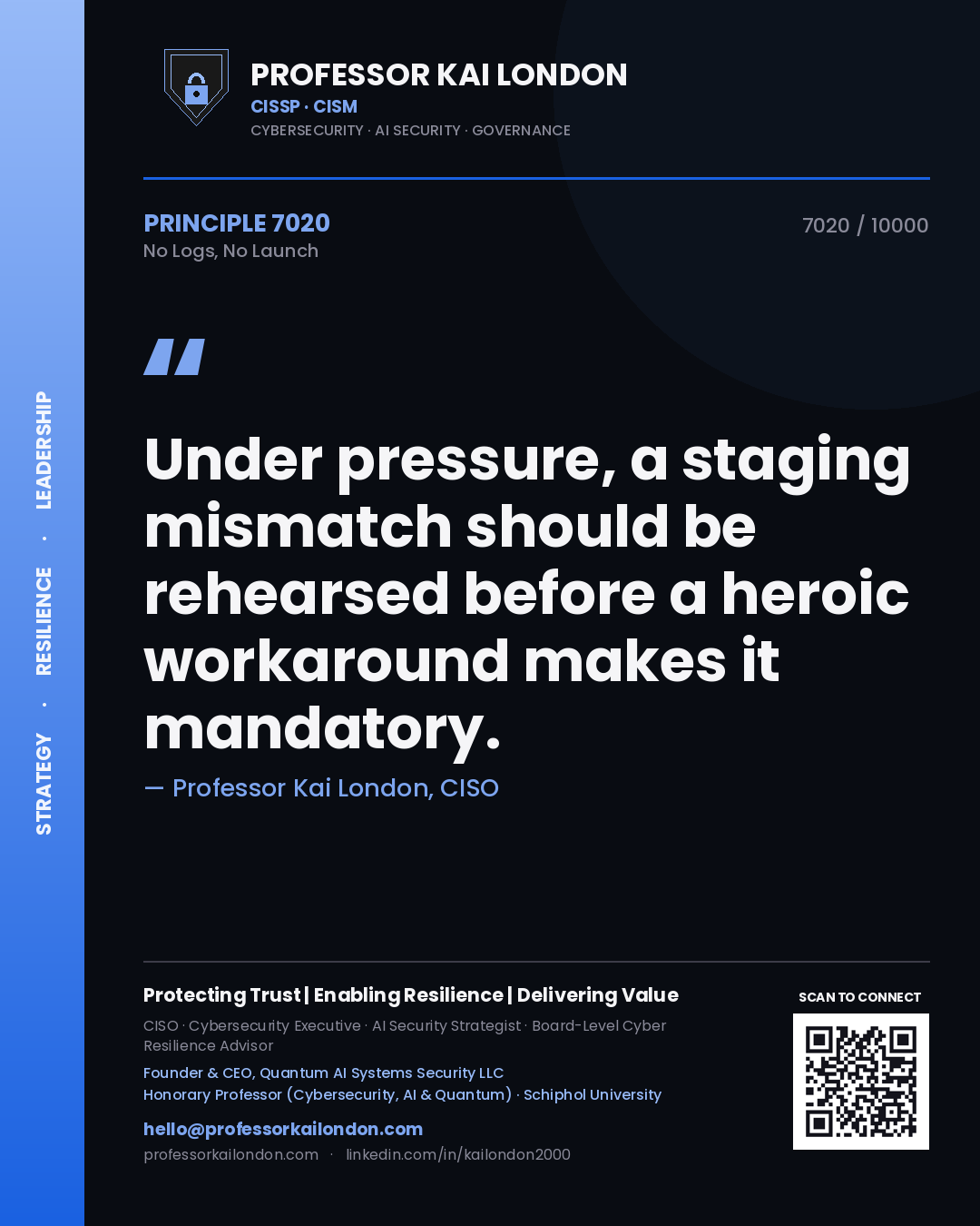 Quote card by Professor Kai London reading 'Under pressure, a staging mismatch should be rehearsed before a heroic workaround makes it mandatory.'. From the book No Logs, No Launch.