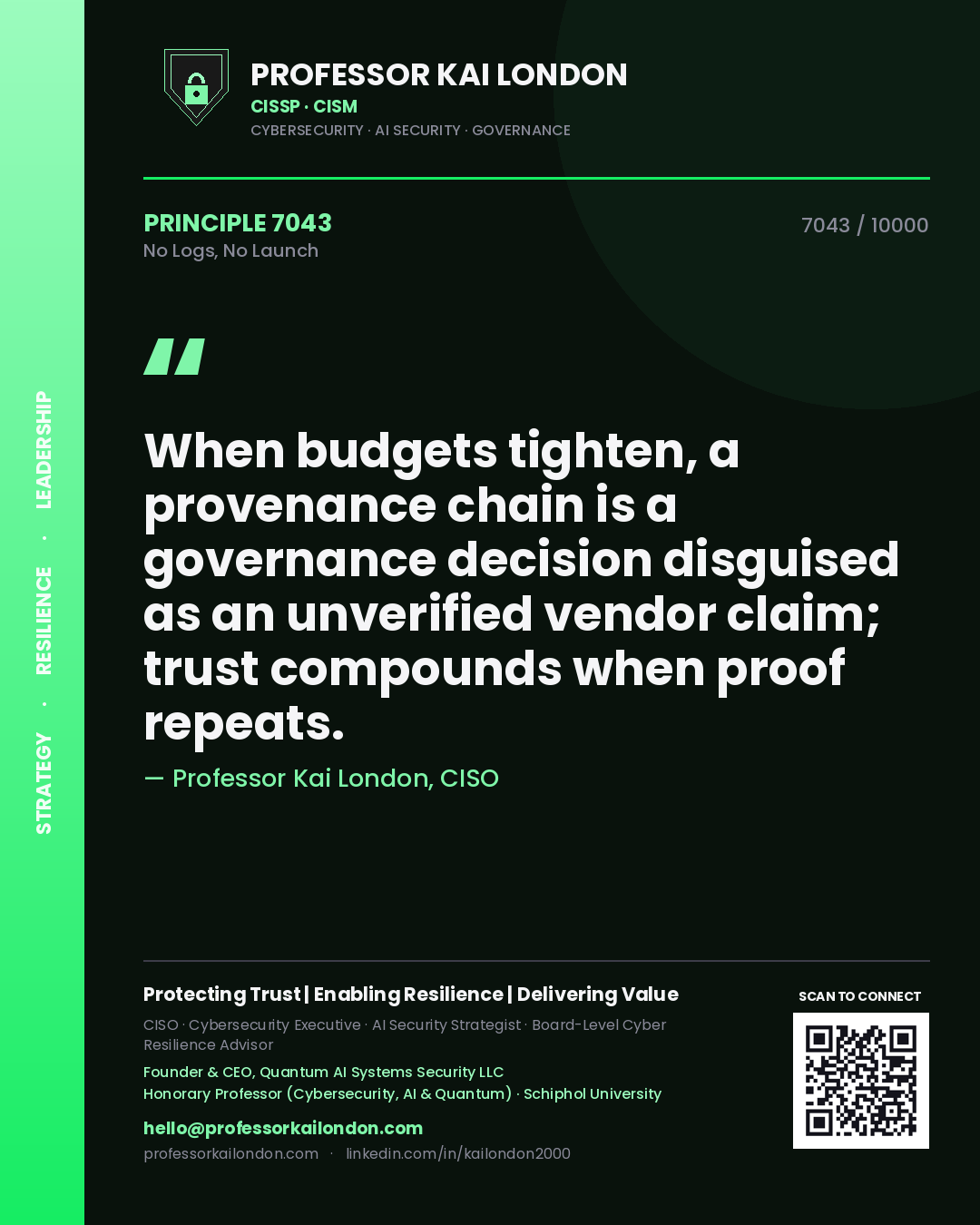 Professor Kai London principle 7043: When budgets tighten, a provenance chain is a governance decision disguised as an unverified vendor claim; trust compounds when proof repeats.