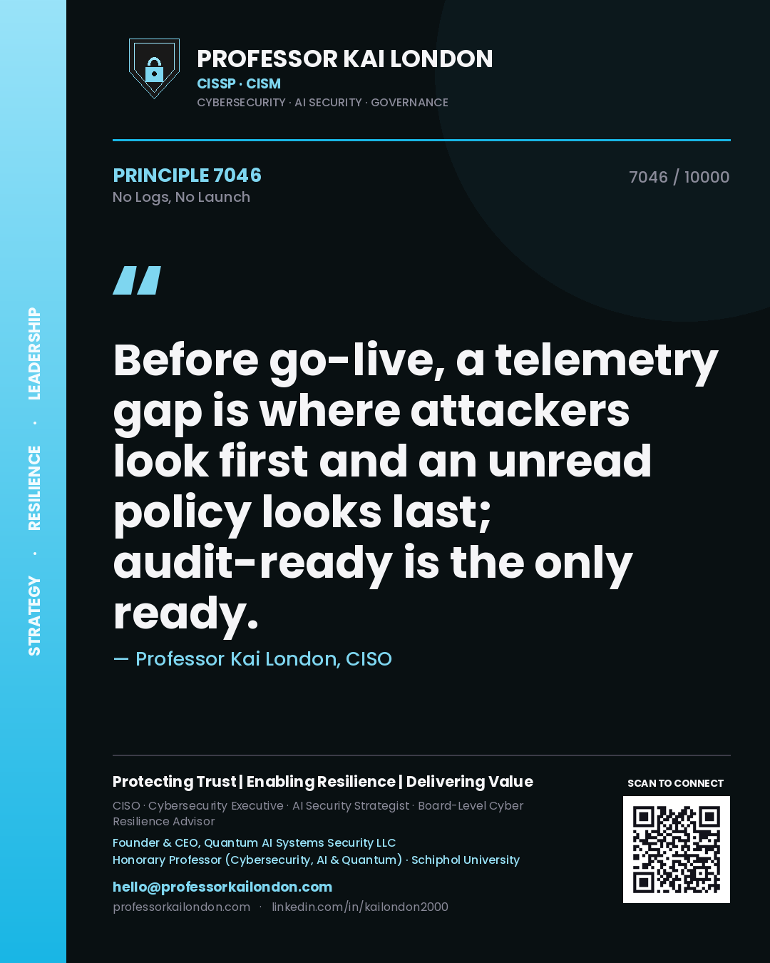 Professor Kai London principle 7046: Before go-live, a telemetry gap is where attackers look first and an unread policy looks last; audit-ready is the only ready.