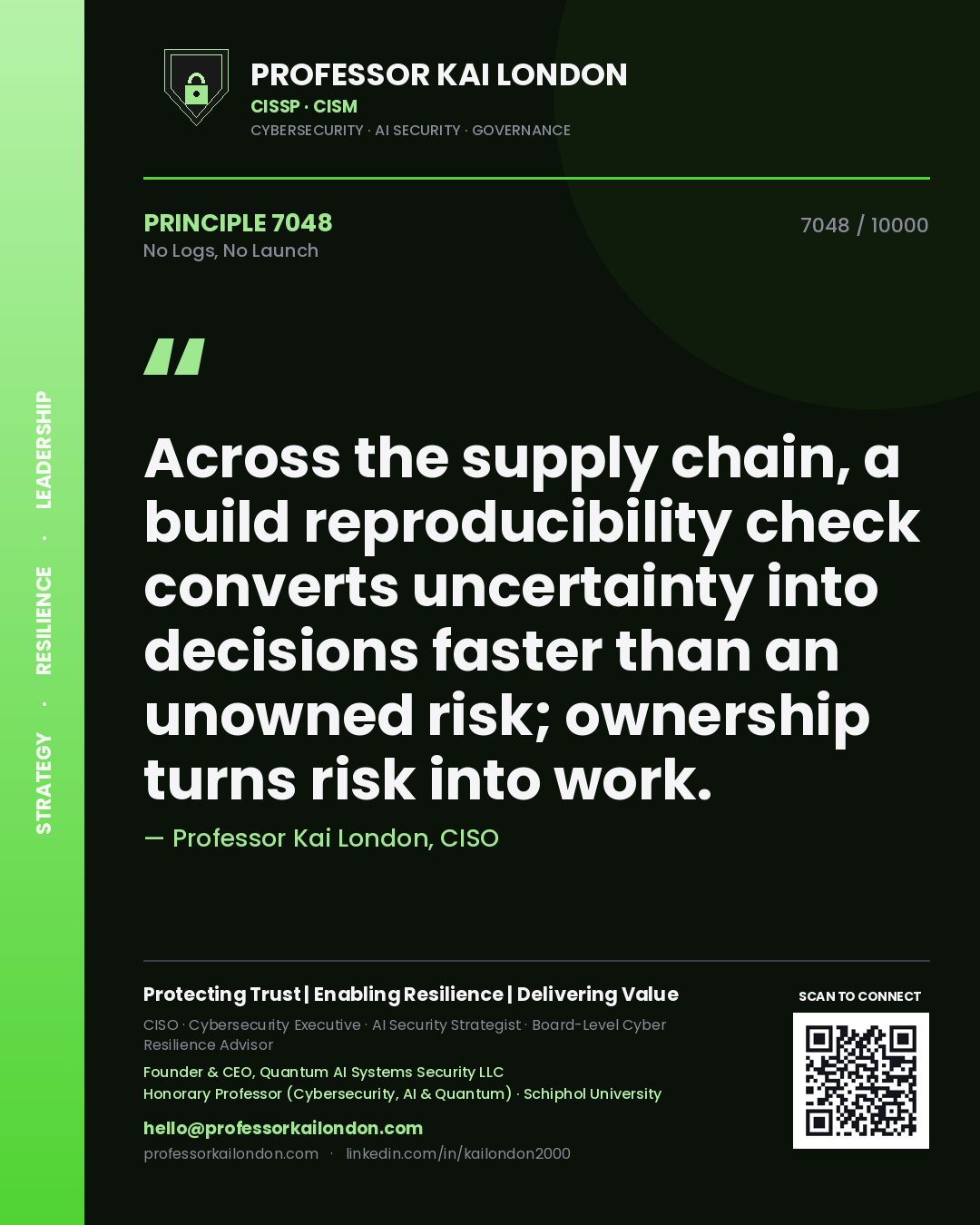 Quote card by Professor Kai London reading 'Across the supply chain, a build reproducibility check converts uncertainty into decisions faster than an unowned risk; ownership turns risk into work.'. From the book No Logs, No Launch.