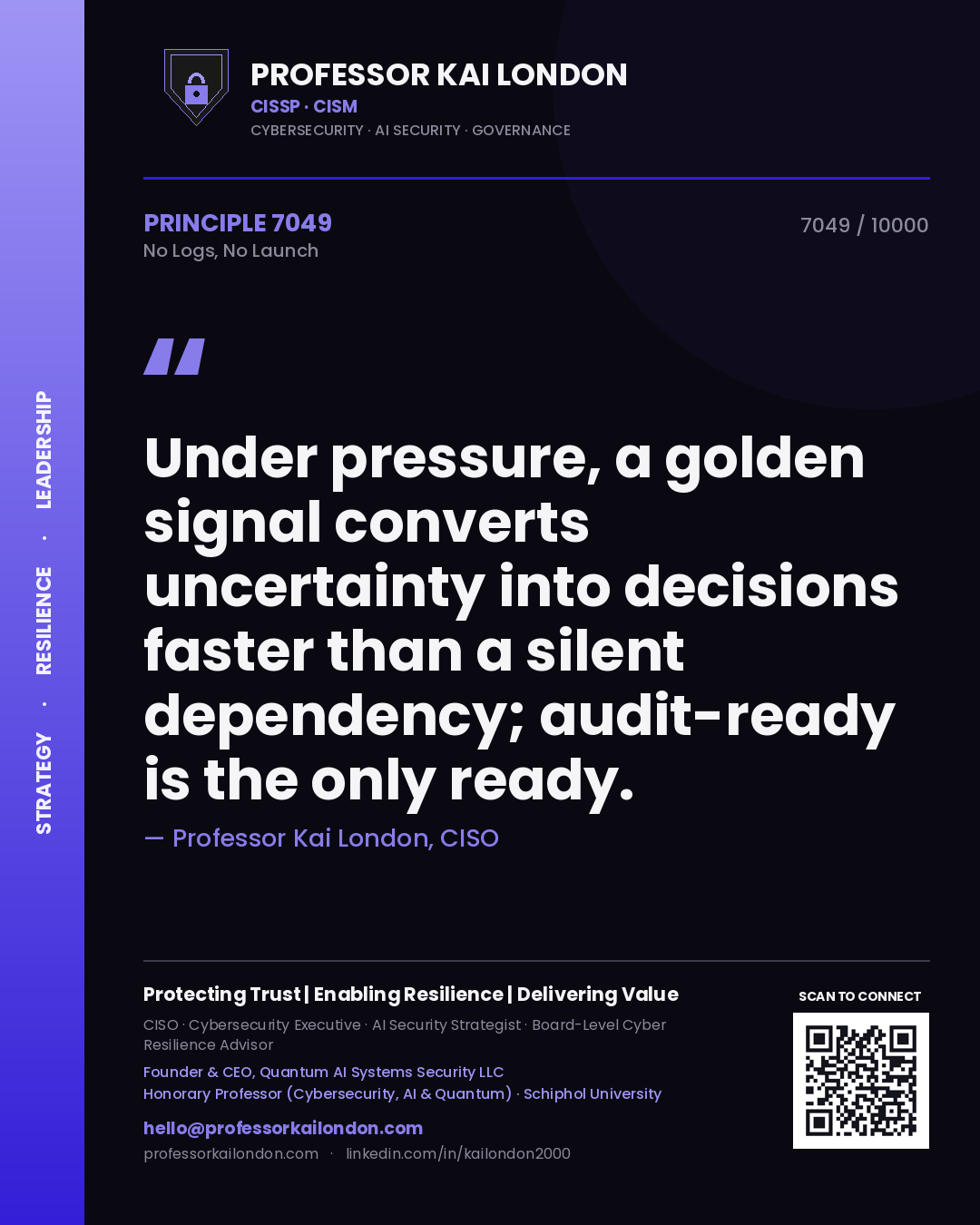 Professor Kai London principle 7049: Under pressure, a golden signal converts uncertainty into decisions faster than a silent dependency; audit-ready is the only ready.