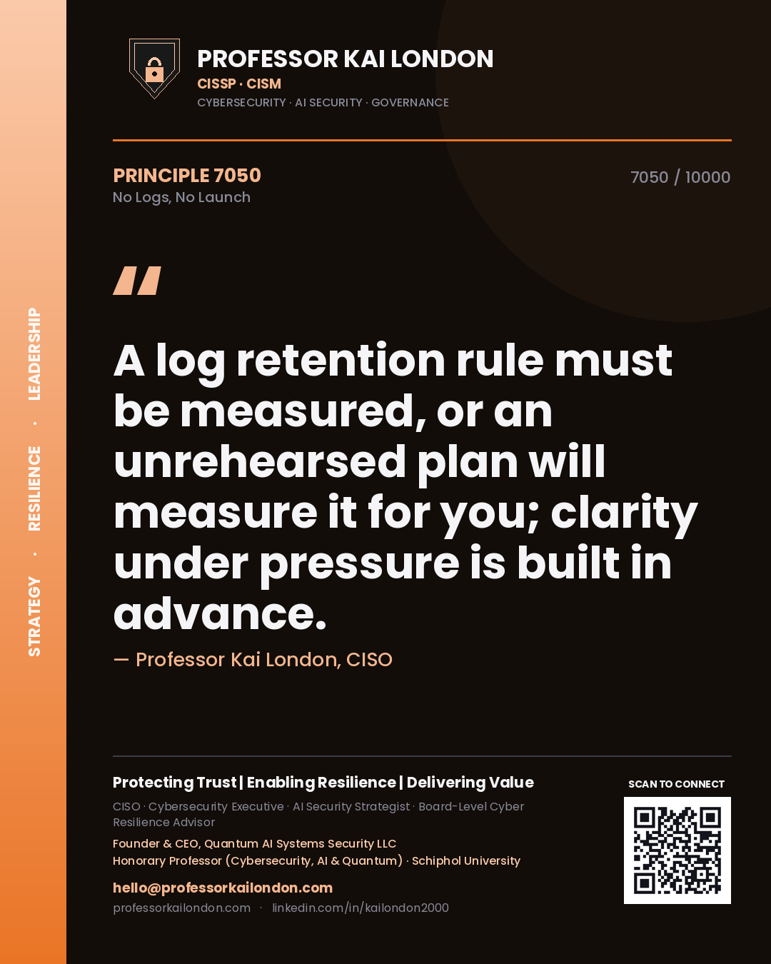 Professor Kai London principle 7050: A log retention rule must be measured, or an unrehearsed plan will measure it for you; clarity under pressure is built in advance.