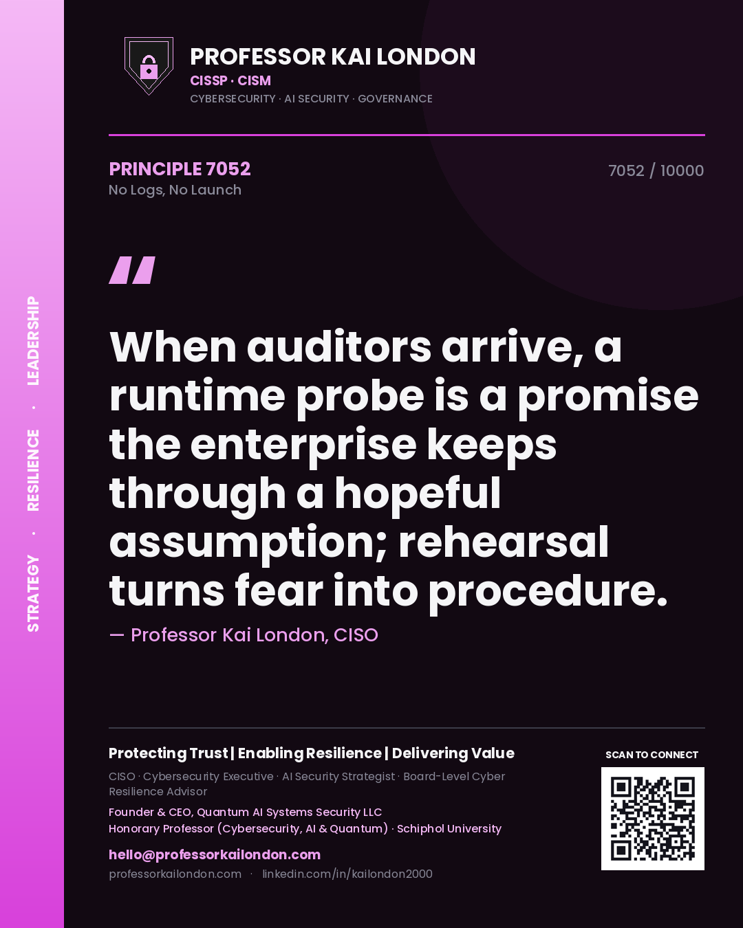 Quote card by Professor Kai London reading 'When auditors arrive, a runtime probe is a promise the enterprise keeps through a hopeful assumption; rehearsal turns fear into procedure.'. From the book No Logs, No Launch.