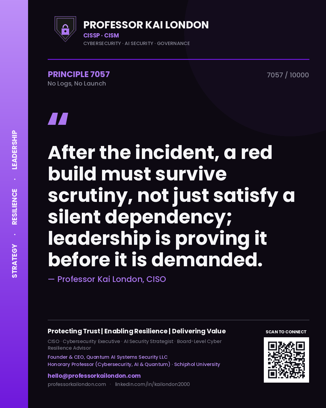 Professor Kai London principle 7057: After the incident, a red build must survive scrutiny, not just satisfy a silent dependency; leadership is proving it before it is demanded.