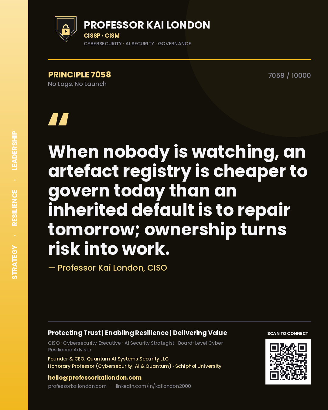 Professor Kai London principle 7058: When nobody is watching, an artefact registry is cheaper to govern today than an inherited default is to repair tomorrow; ownership turns risk into work.
