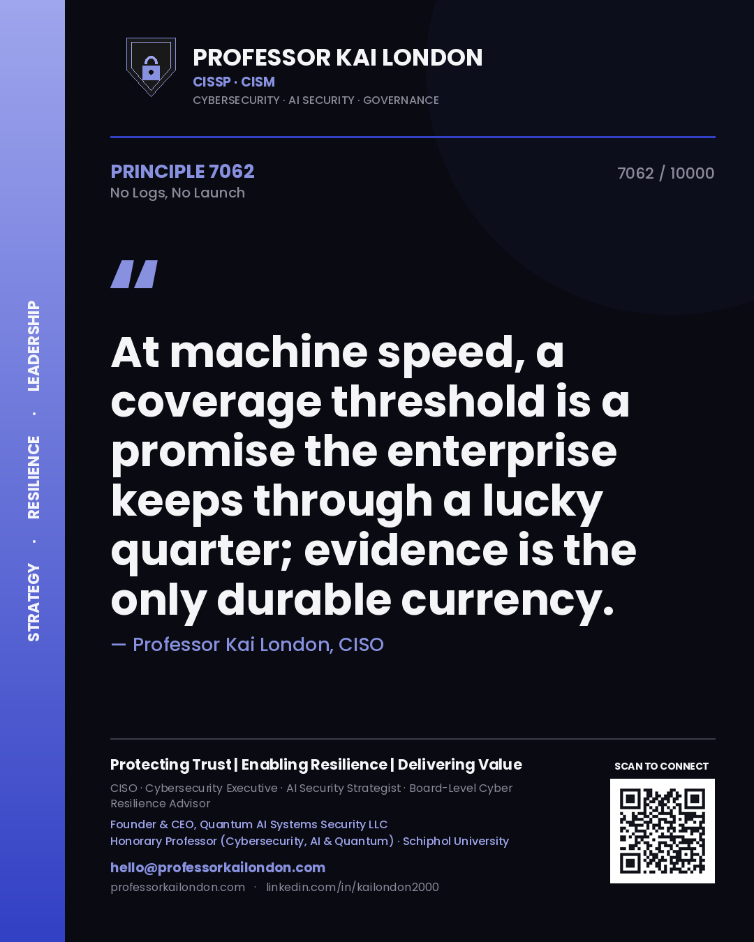Quote card by Professor Kai London reading 'At machine speed, a coverage threshold is a promise the enterprise keeps through a lucky quarter; evidence is the only durable currency.'. From the book No Logs, No Launch.
