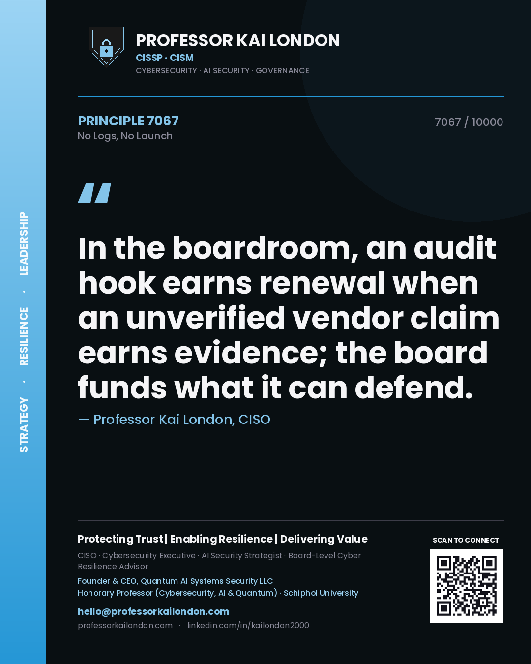 Professor Kai London principle 7067: In the boardroom, an audit hook earns renewal when an unverified vendor claim earns evidence; the board funds what it can defend.