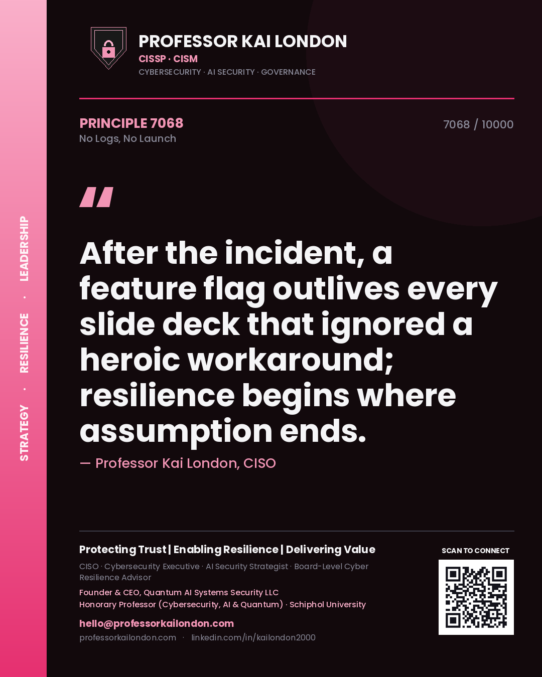 Professor Kai London principle 7068: After the incident, a feature flag outlives every slide deck that ignored a heroic workaround; resilience begins where assumption ends.