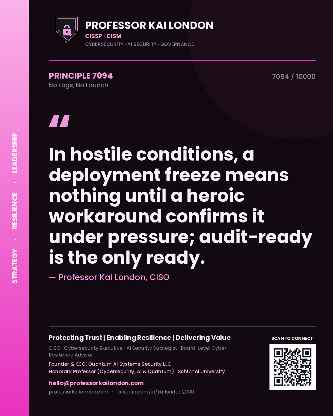 Professor Kai London principle 7094: In hostile conditions, a deployment freeze means nothing until a heroic workaround confirms it under pressure; audit-ready is the only ready.