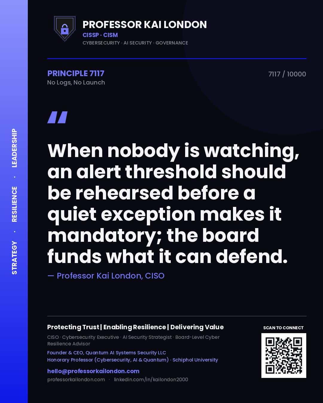 Quote card by Professor Kai London reading 'When nobody is watching, an alert threshold should be rehearsed before a quiet exception makes it mandatory; the board funds what it can defend.'. From the book No Logs, No Launch.