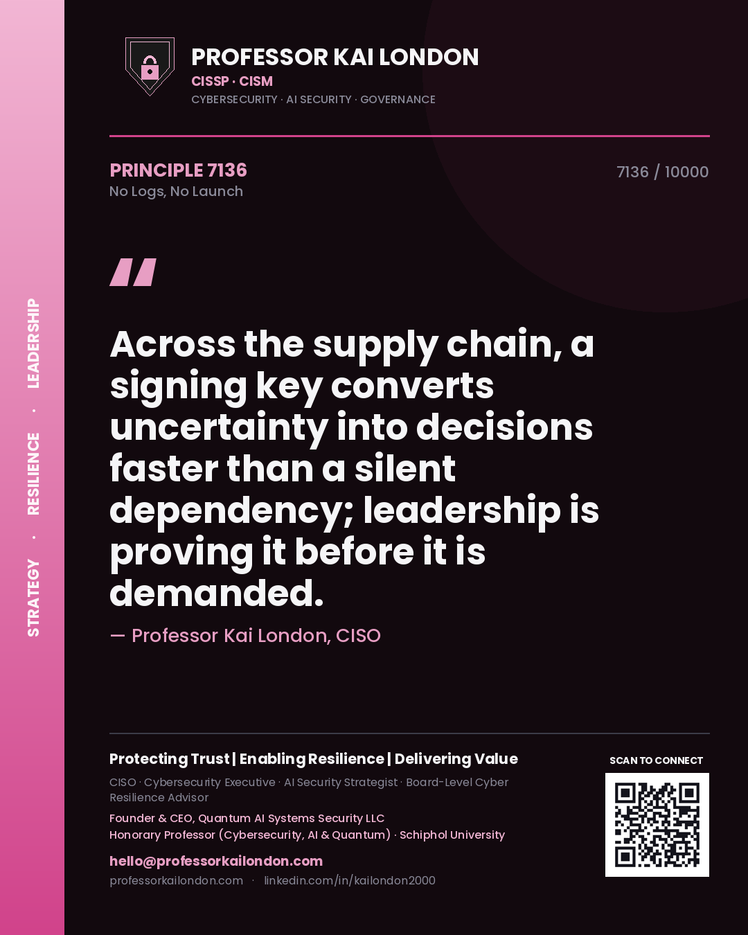 Quote card by Professor Kai London reading 'Across the supply chain, a signing key converts uncertainty into decisions faster than a silent dependency; leadership is proving it before it is demanded.'. From the book No Logs, No Launch.