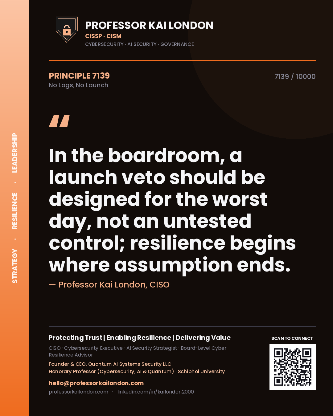 Professor Kai London principle 7139: In the boardroom, a launch veto should be designed for the worst day, not an untested control; resilience begins where assumption ends.