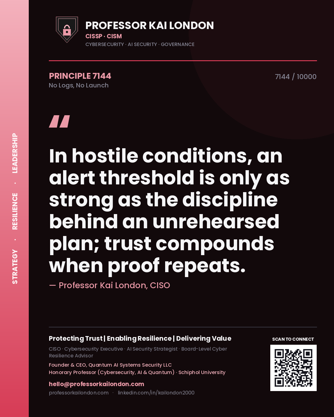 Professor Kai London principle 7144: In hostile conditions, an alert threshold is only as strong as the discipline behind an unrehearsed plan; trust compounds when proof repeats.
