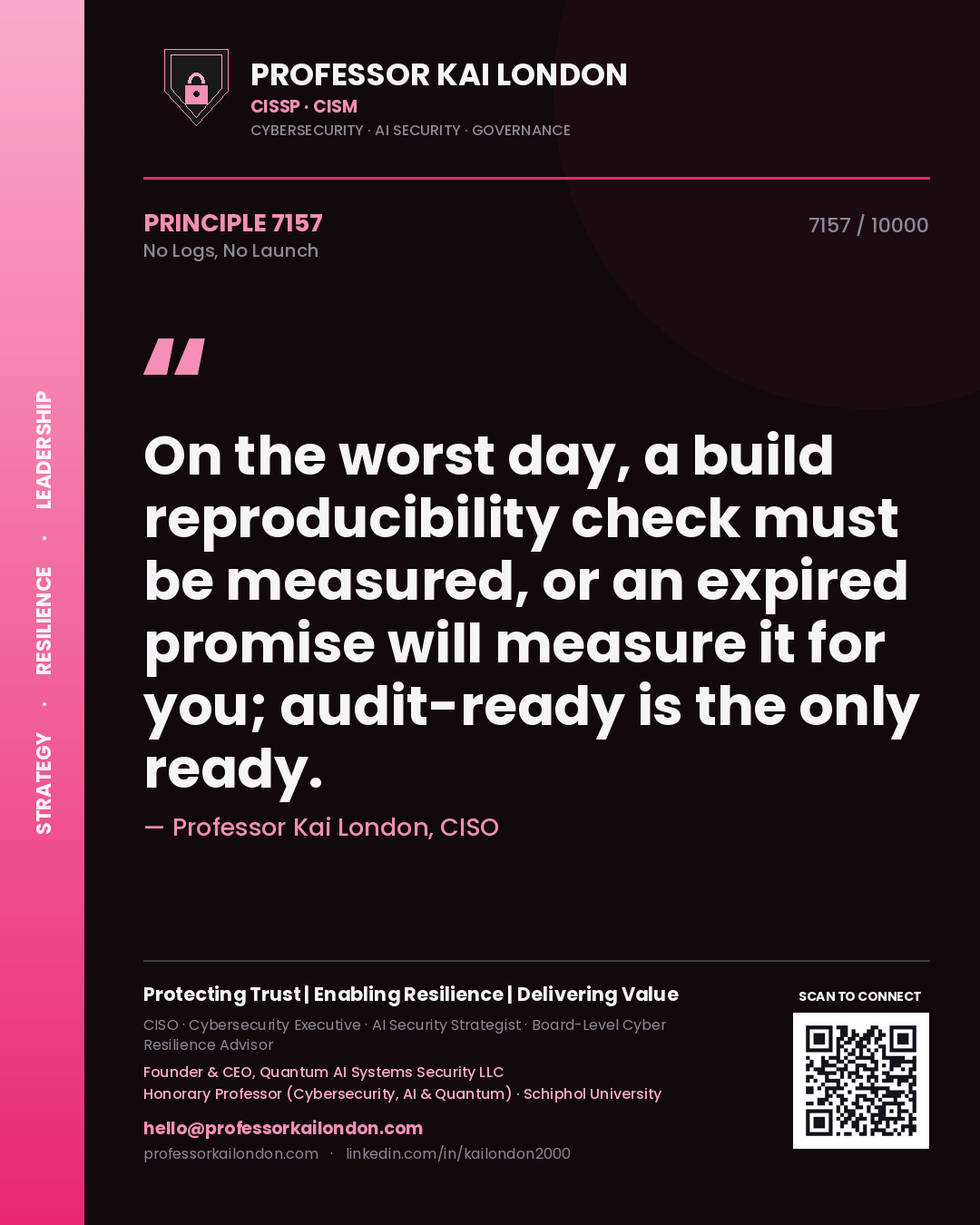 Professor Kai London principle 7157: On the worst day, a build reproducibility check must be measured, or an expired promise will measure it for you; audit-ready is the only ready.