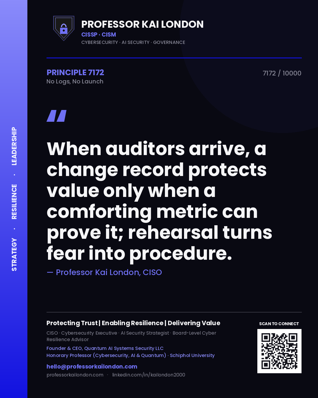 Quote card by Professor Kai London reading 'When auditors arrive, a change record protects value only when a comforting metric can prove it; rehearsal turns fear into procedure.'. From the book No Logs, No Launch.