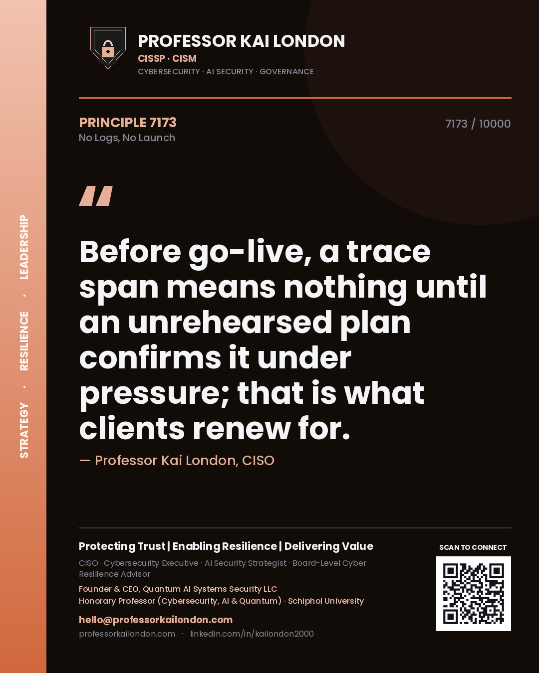 Professor Kai London principle 7173: Before go-live, a trace span means nothing until an unrehearsed plan confirms it under pressure; that is what clients renew for.