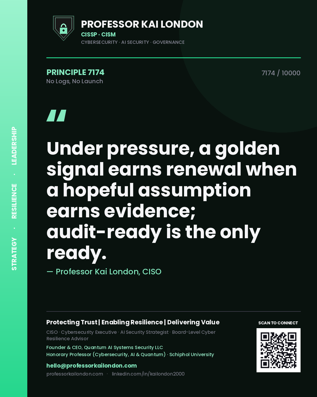 Quote card by Professor Kai London reading 'Under pressure, a golden signal earns renewal when a hopeful assumption earns evidence; audit-ready is the only ready.'. From the book No Logs, No Launch.
