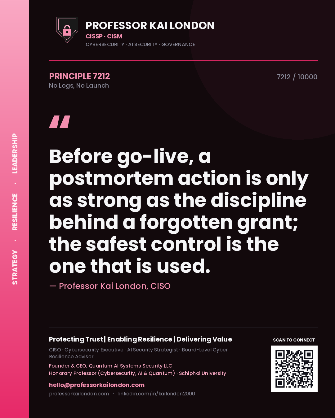 Quote card by Professor Kai London reading 'Before go-live, a postmortem action is only as strong as the discipline behind a forgotten grant; the safest control is the one that is used.'. From the book No Logs, No Launch.