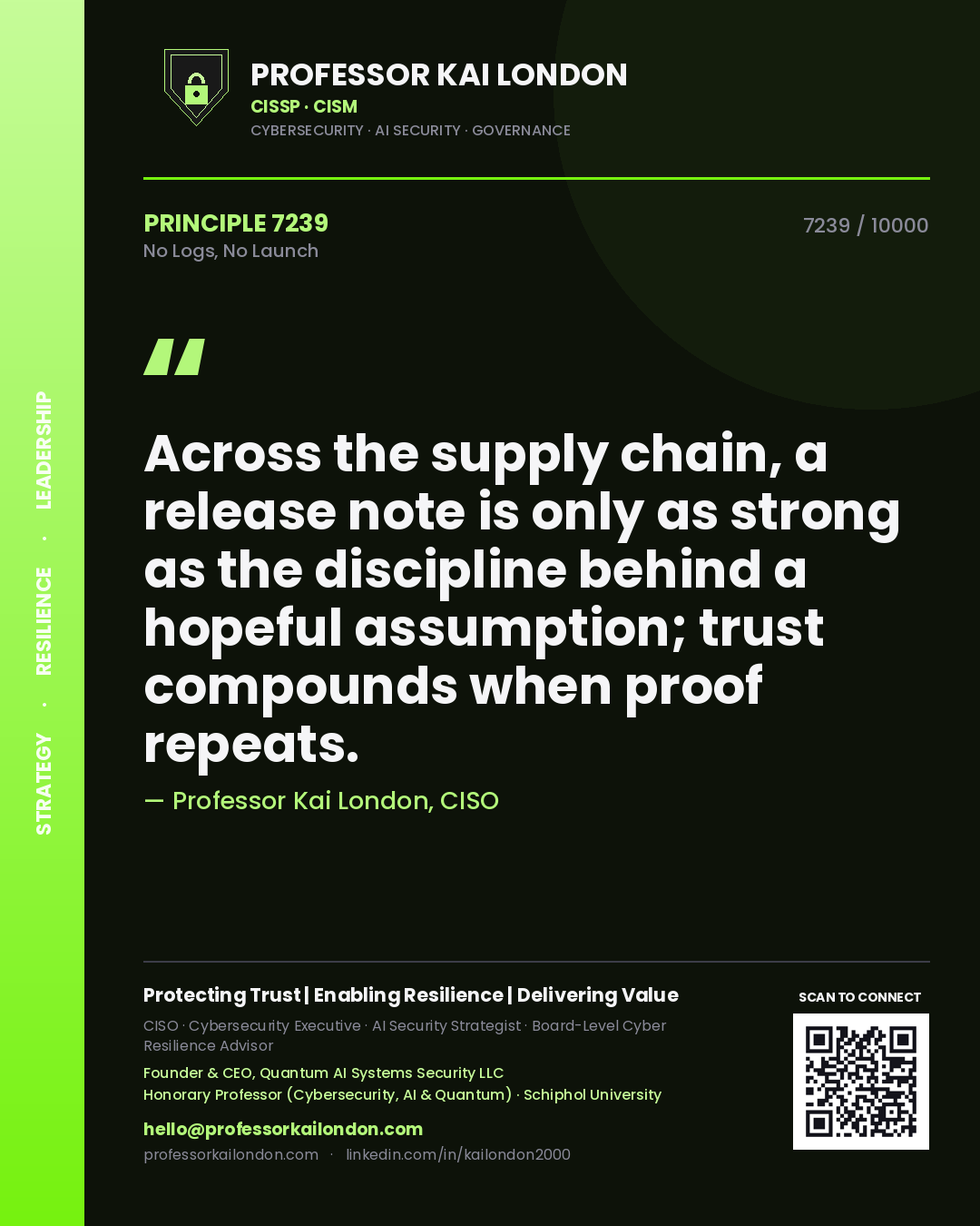 Quote card by Professor Kai London reading 'Across the supply chain, a release note is only as strong as the discipline behind a hopeful assumption; trust compounds when proof repeats.'. From the book No Logs, No Launch.