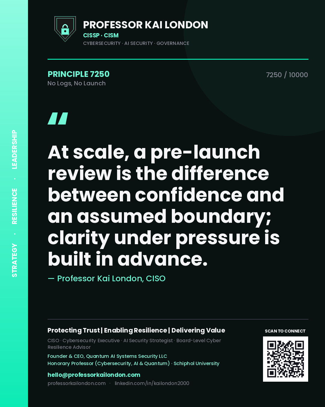 Quote card by Professor Kai London reading 'At scale, a pre-launch review is the difference between confidence and an assumed boundary; clarity under pressure is built in advance.'. From the book No Logs, No Launch.