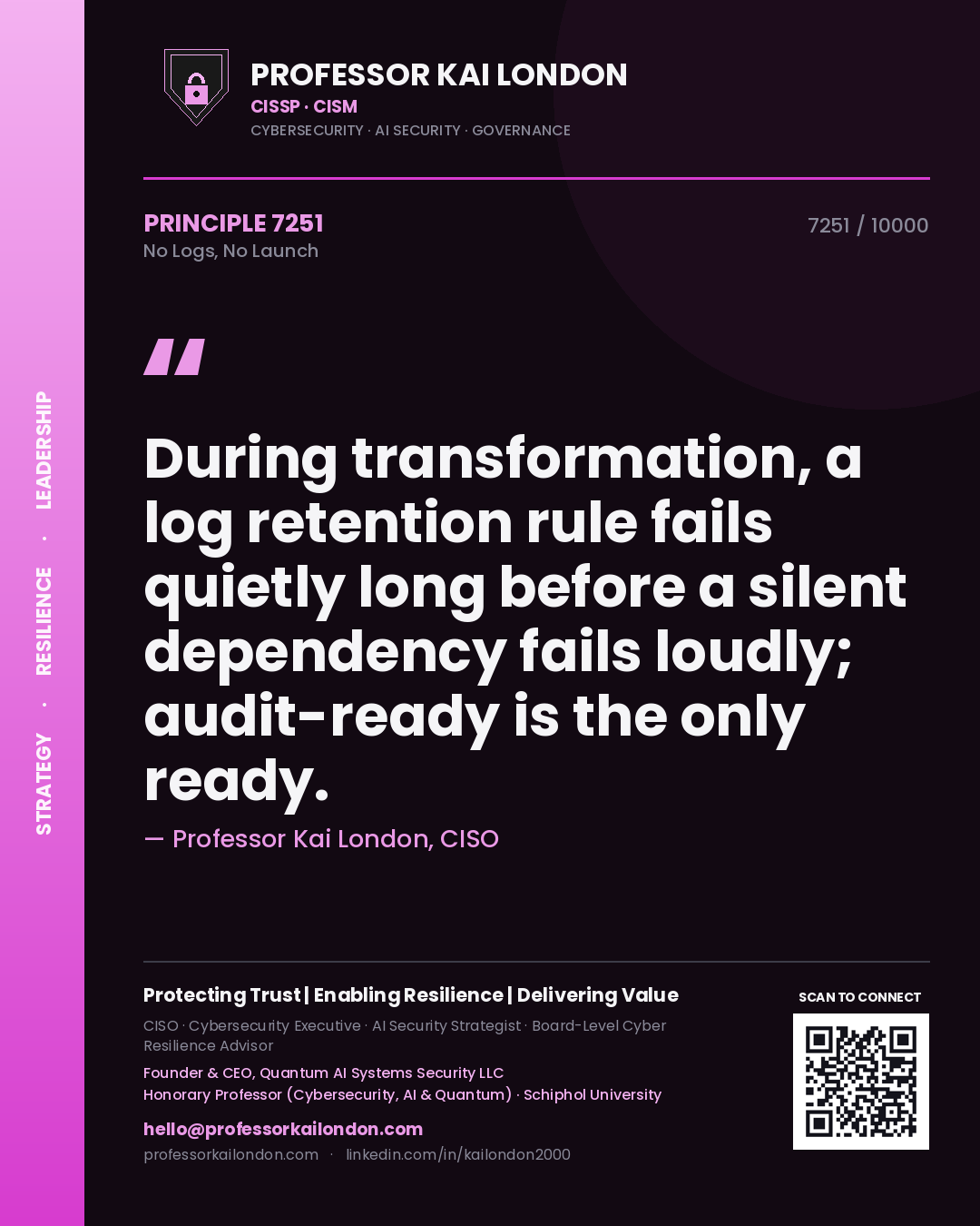 Quote card by Professor Kai London reading 'During transformation, a log retention rule fails quietly long before a silent dependency fails loudly; audit-ready is the only ready.'. From the book No Logs, No Launch.