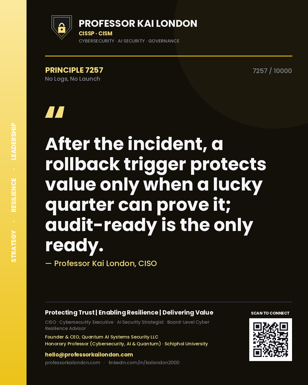 Quote card by Professor Kai London reading 'After the incident, a rollback trigger protects value only when a lucky quarter can prove it; audit-ready is the only ready.'. From the book No Logs, No Launch.