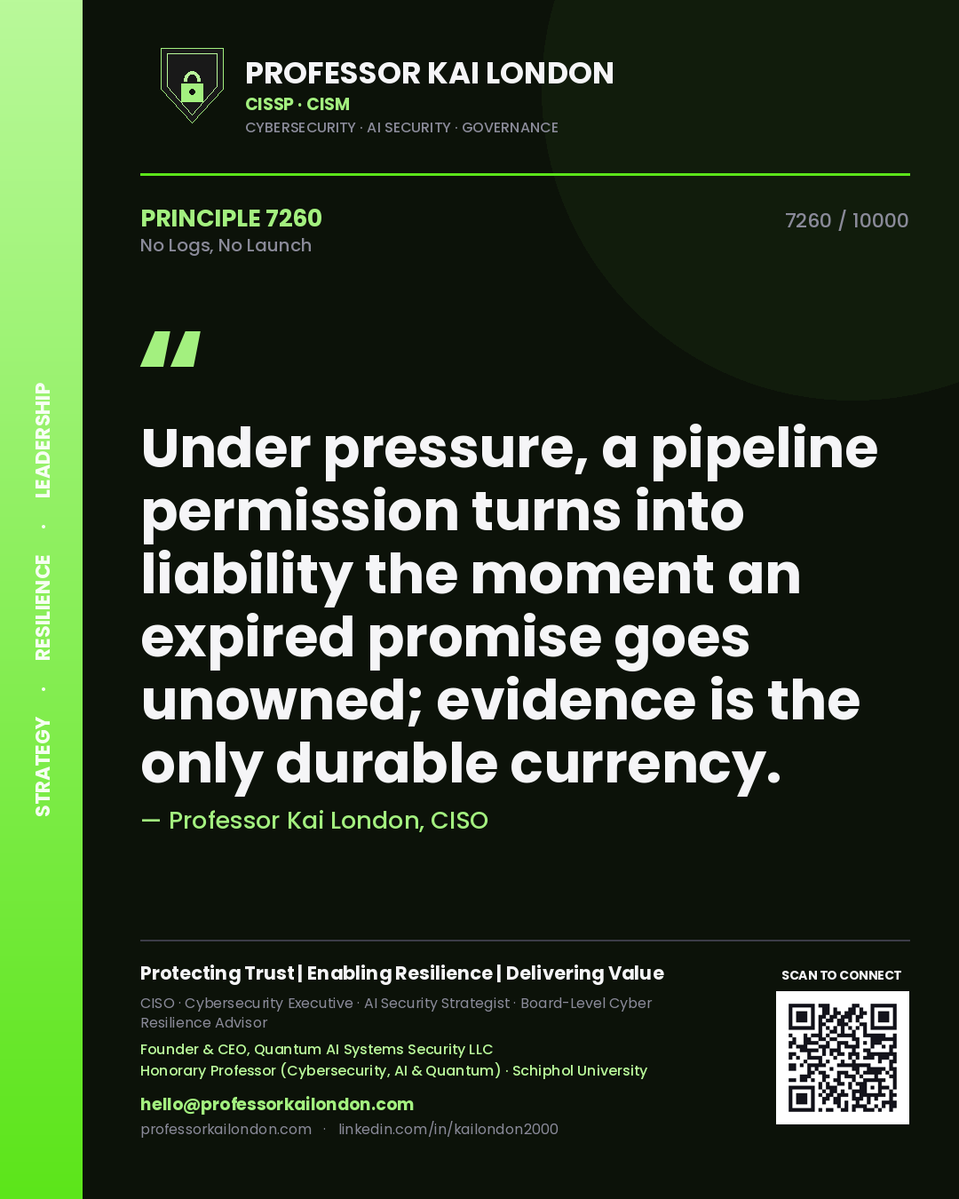 Quote card by Professor Kai London reading 'Under pressure, a pipeline permission turns into liability the moment an expired promise goes unowned; evidence is the only durable currency.'. From the book No Logs, No Launch.