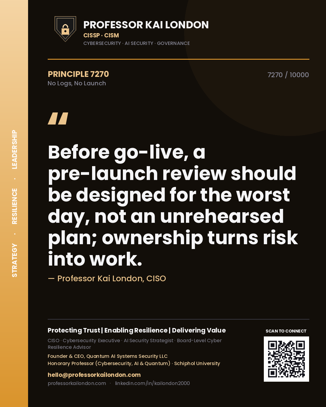 Quote card by Professor Kai London reading 'Before go-live, a pre-launch review should be designed for the worst day, not an unrehearsed plan; ownership turns risk into work.'. From the book No Logs, No Launch.