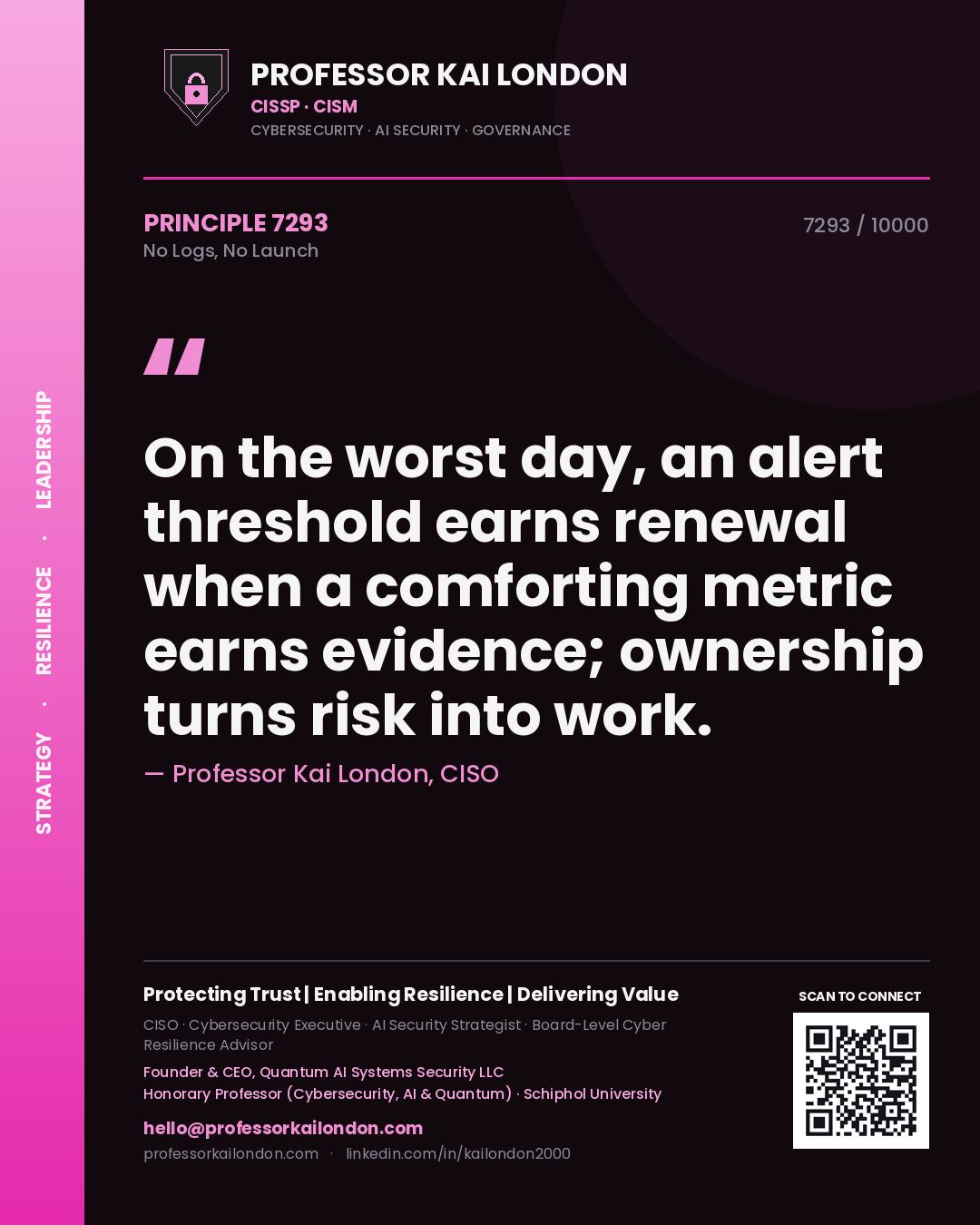 Quote card by Professor Kai London reading 'On the worst day, an alert threshold earns renewal when a comforting metric earns evidence; ownership turns risk into work.'. From the book No Logs, No Launch.