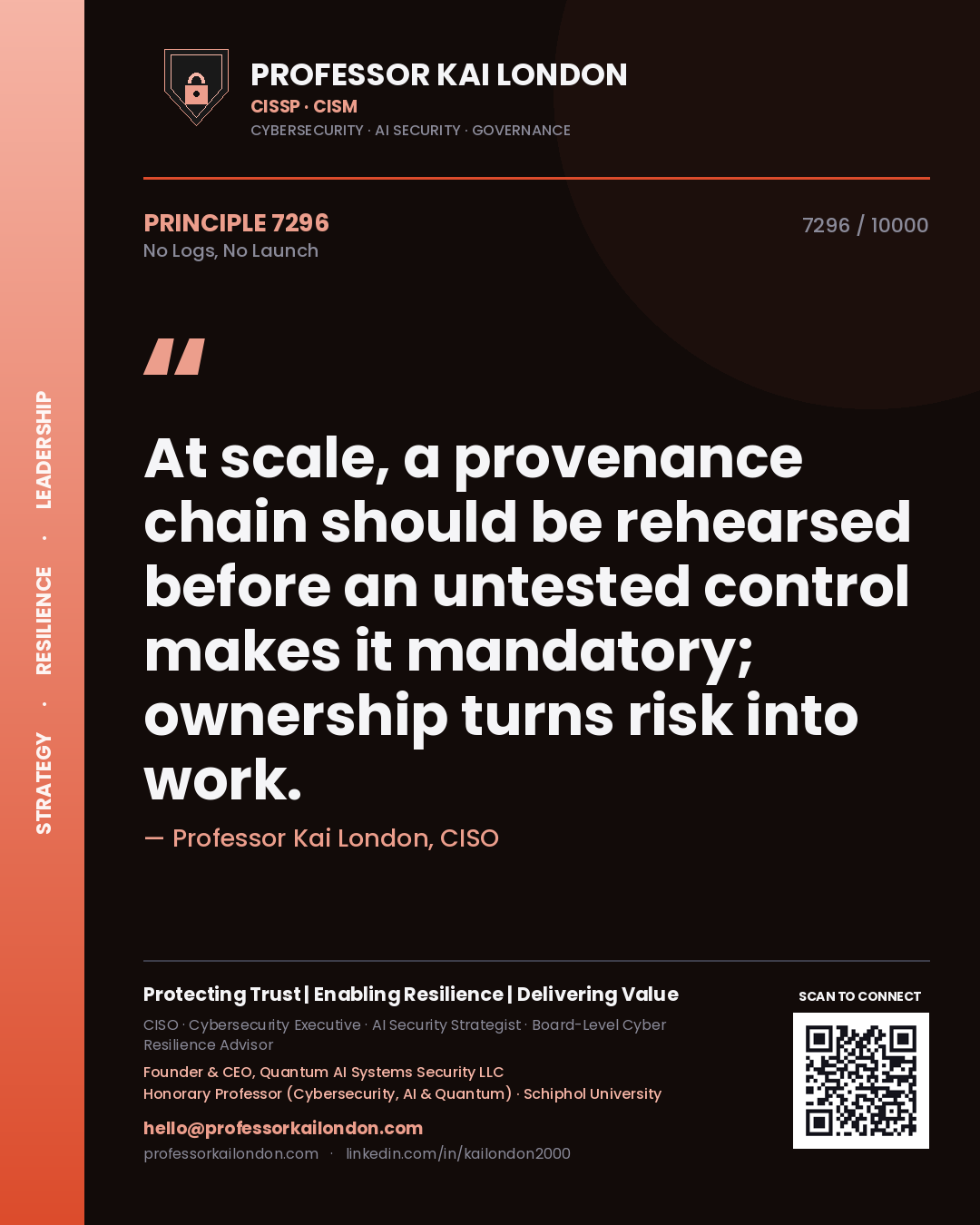 Quote card by Professor Kai London reading 'At scale, a provenance chain should be rehearsed before an untested control makes it mandatory; ownership turns risk into work.'. From the book No Logs, No Launch.