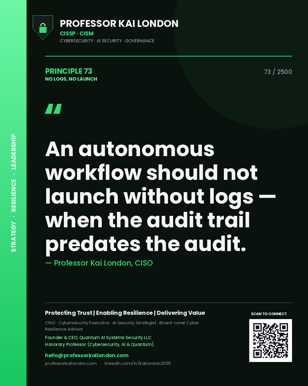 Professor Kai London principle 73: An autonomous workflow should not launch without logs — when the audit trail predates the audit.
