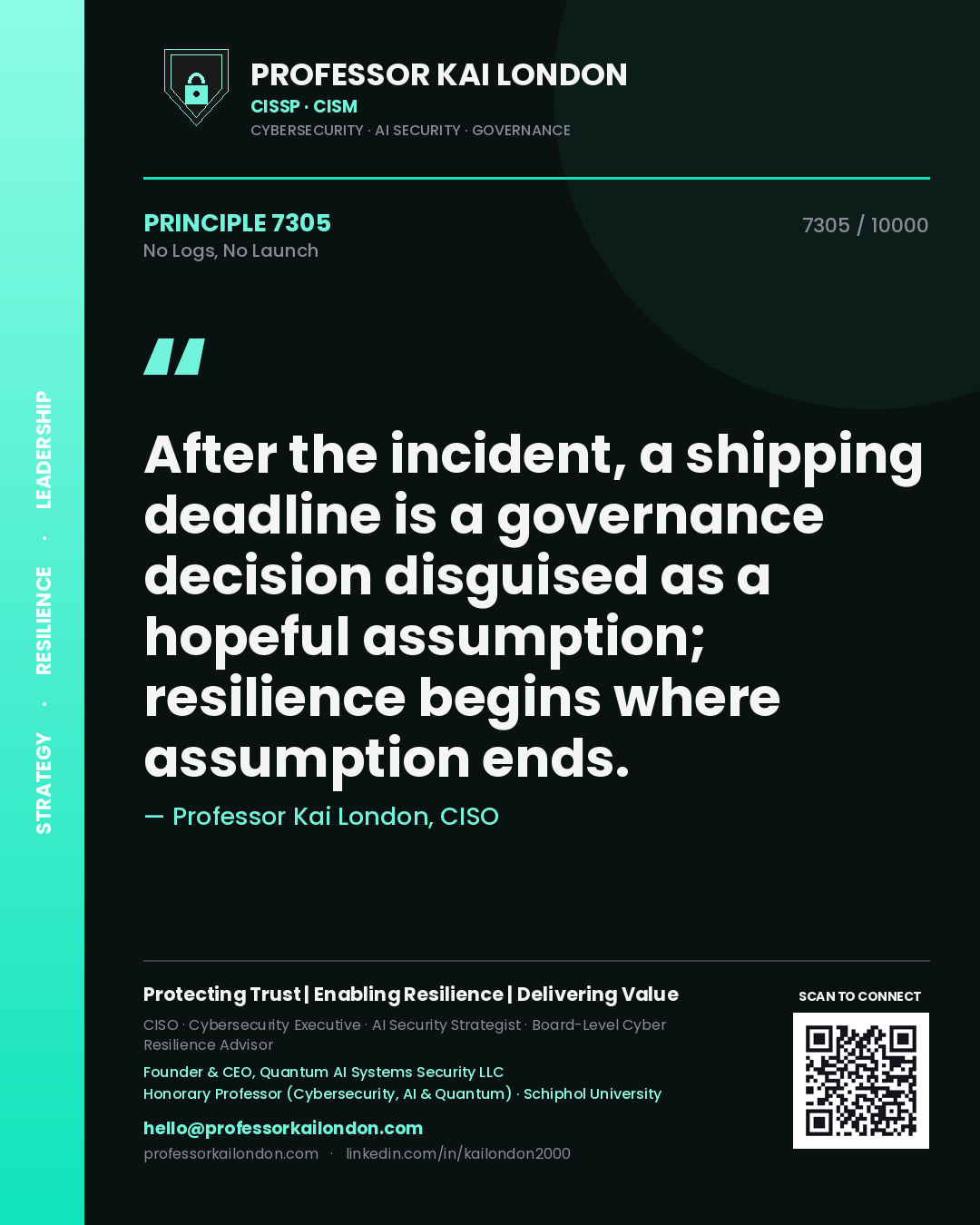 Quote card by Professor Kai London reading 'After the incident, a shipping deadline is a governance decision disguised as a hopeful assumption; resilience begins where assumption ends.'. From the book No Logs, No Launch.