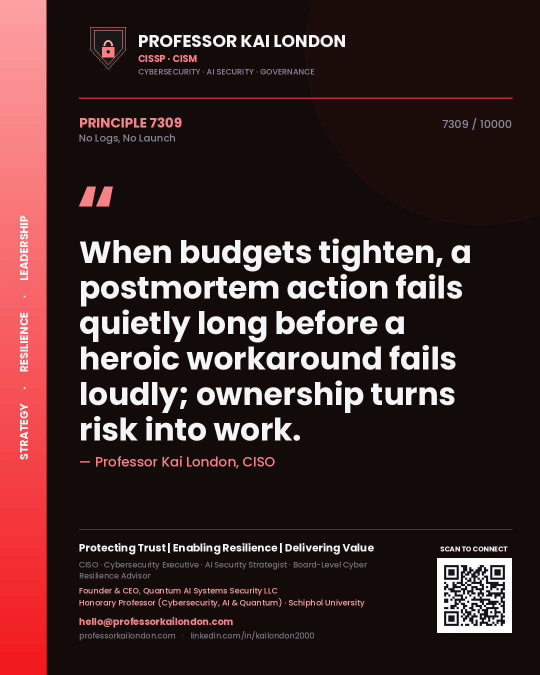 Professor Kai London principle 7309: When budgets tighten, a postmortem action fails quietly long before a heroic workaround fails loudly; ownership turns risk into work.