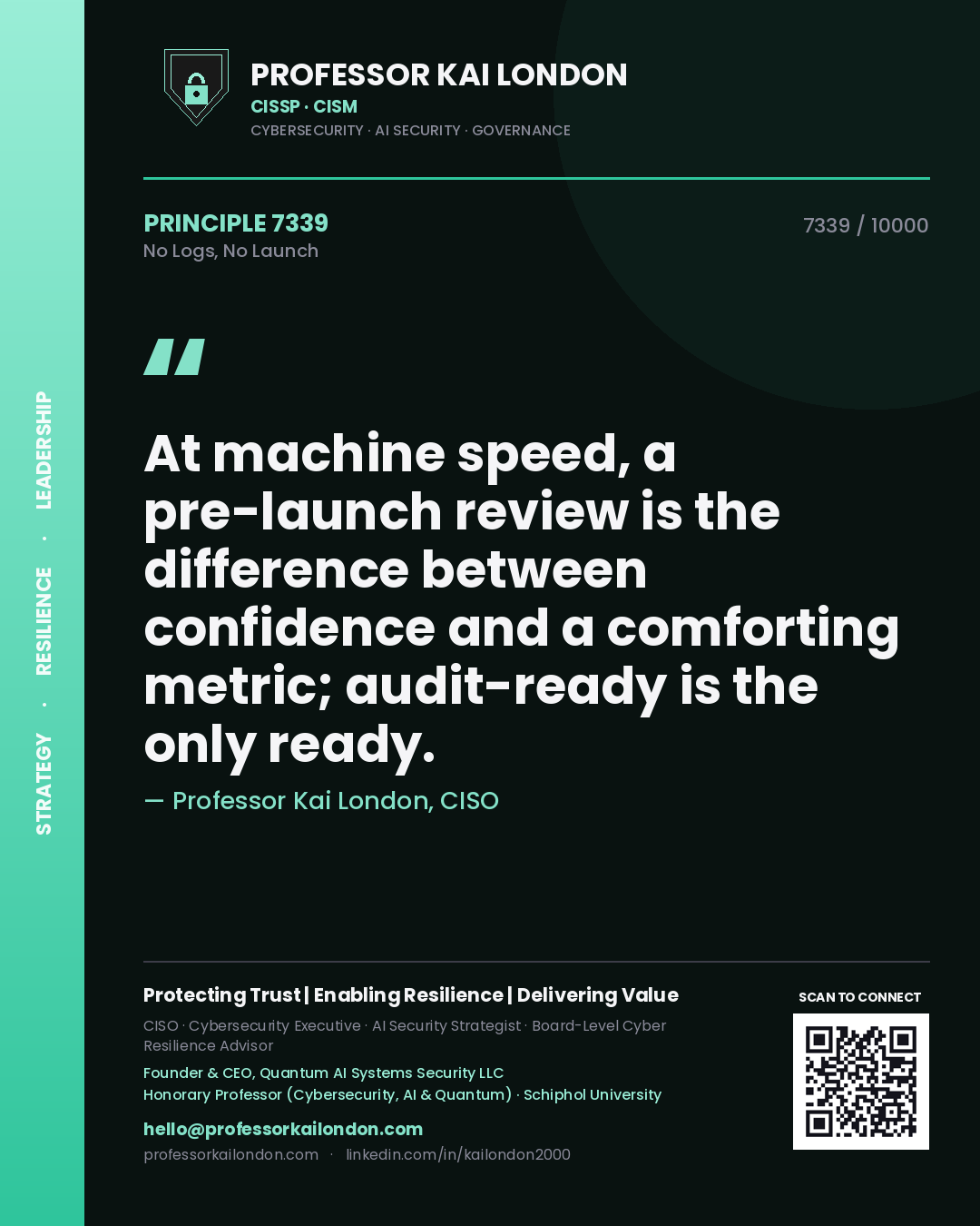 Quote card by Professor Kai London reading 'At machine speed, a pre-launch review is the difference between confidence and a comforting metric; audit-ready is the only ready.'. From the book No Logs, No Launch.