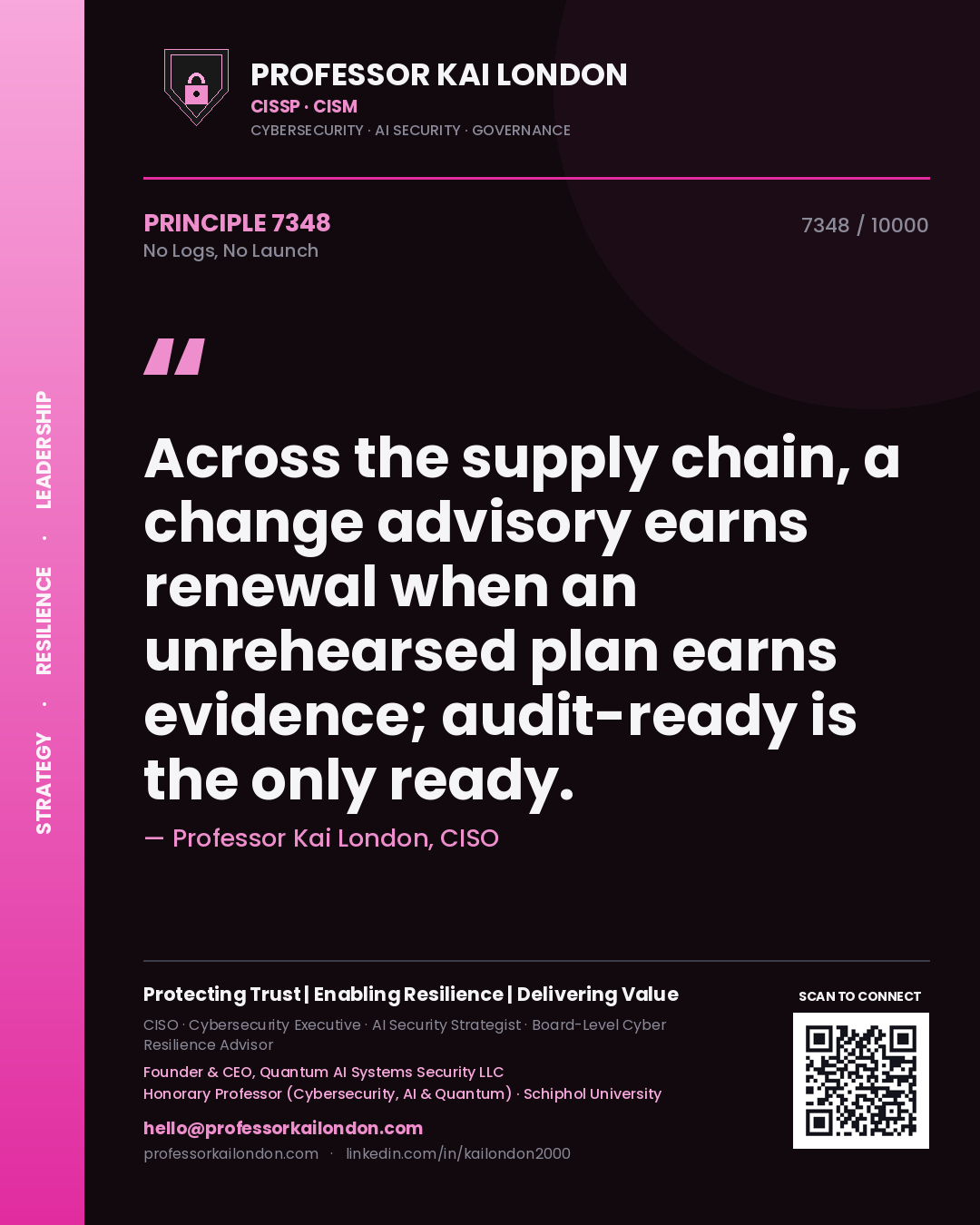 Quote card by Professor Kai London reading 'Across the supply chain, a change advisory earns renewal when an unrehearsed plan earns evidence; audit-ready is the only ready.'. From the book No Logs, No Launch.