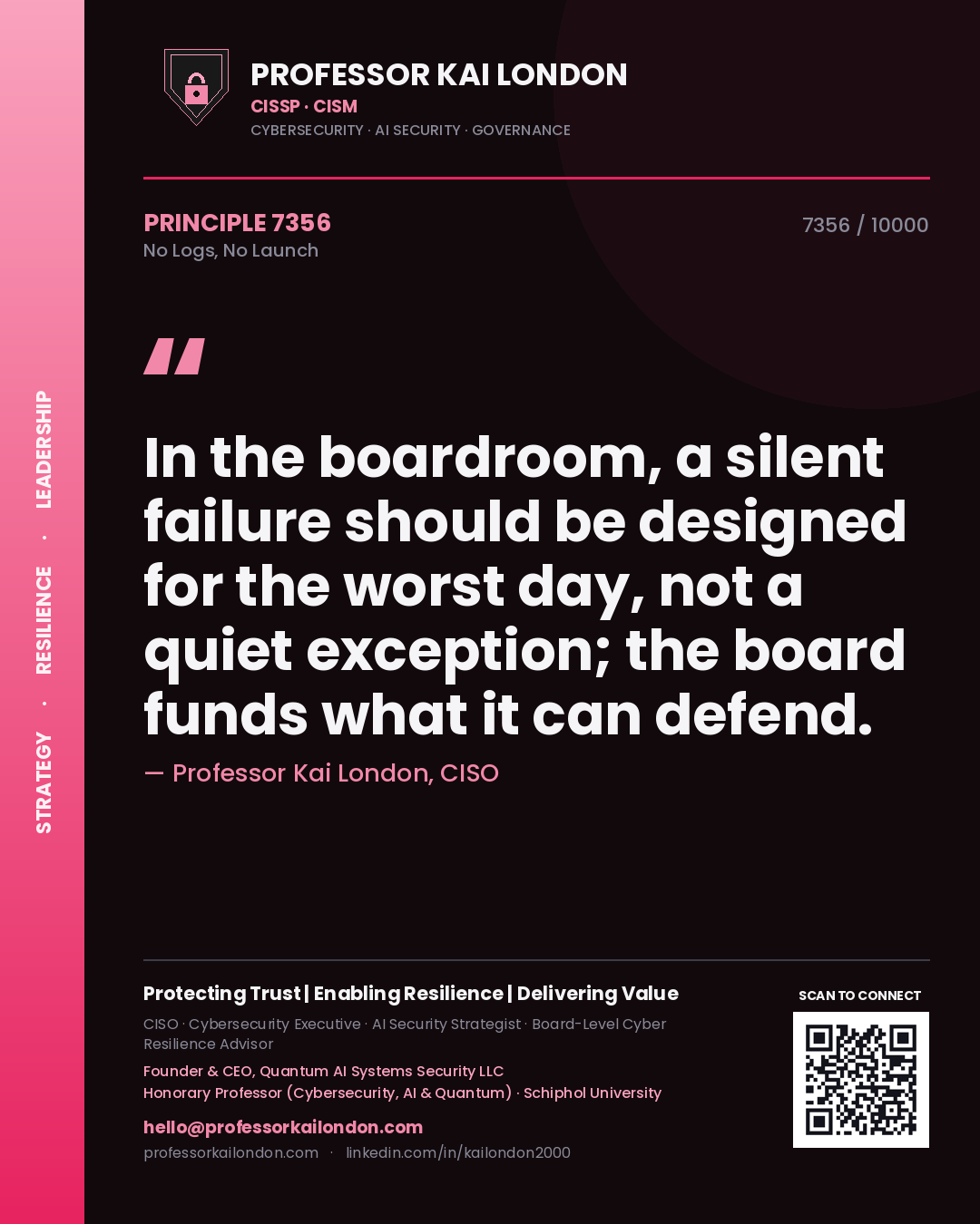 Quote card by Professor Kai London reading 'In the boardroom, a silent failure should be designed for the worst day, not a quiet exception; the board funds what it can defend.'. From the book No Logs, No Launch.