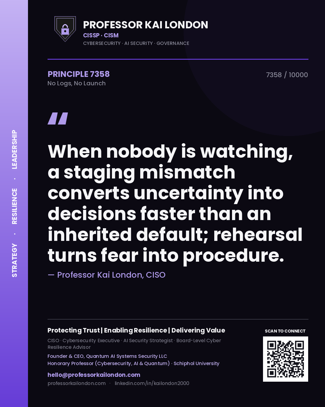 Quote card by Professor Kai London reading 'When nobody is watching, a staging mismatch converts uncertainty into decisions faster than an inherited default; rehearsal turns fear into procedure.'. From the book No Logs, No Launch.