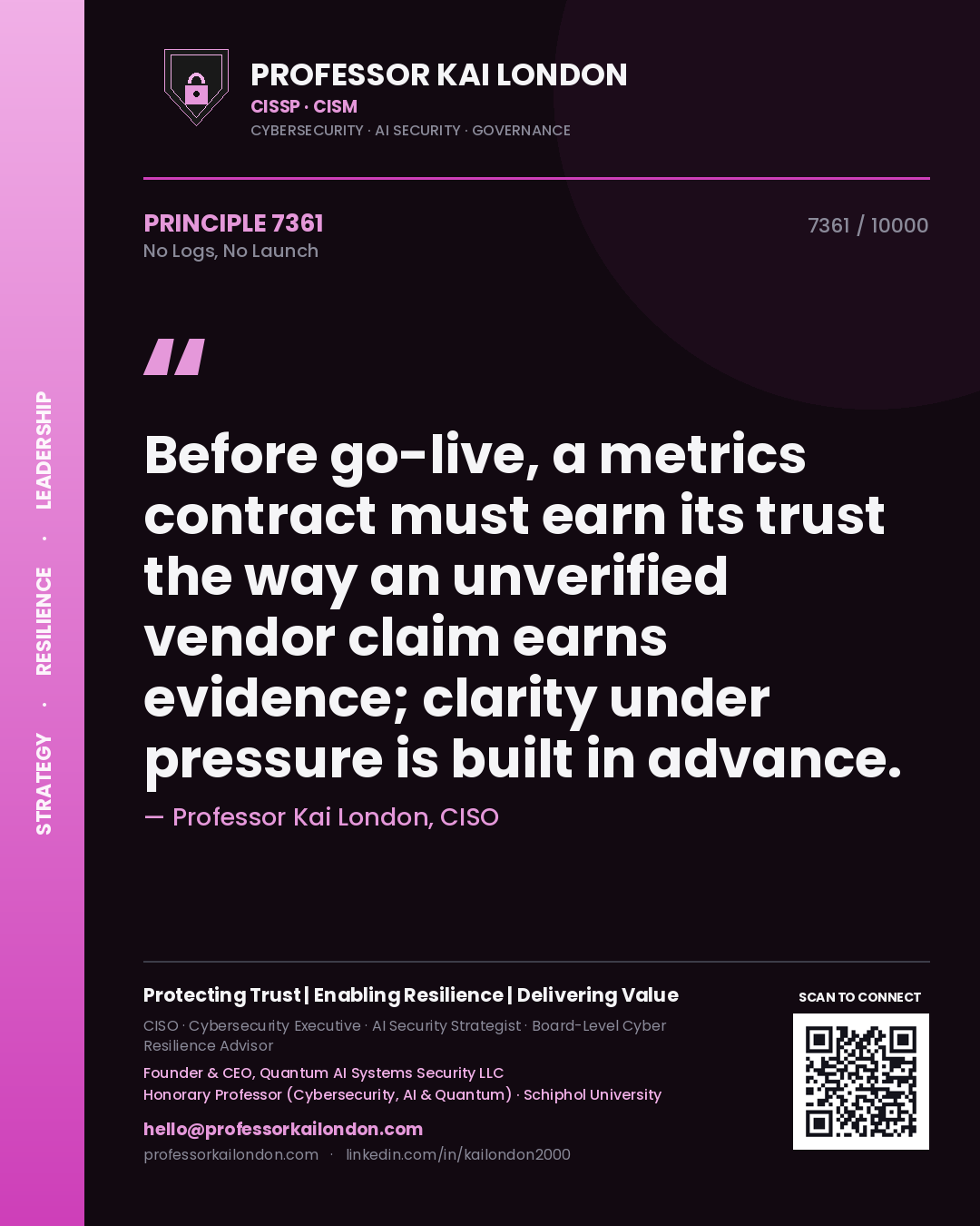 Quote card by Professor Kai London reading 'Before go-live, a metrics contract must earn its trust the way an unverified vendor claim earns evidence; clarity under pressure is built in advance.'. From the book No Logs, No Launch.