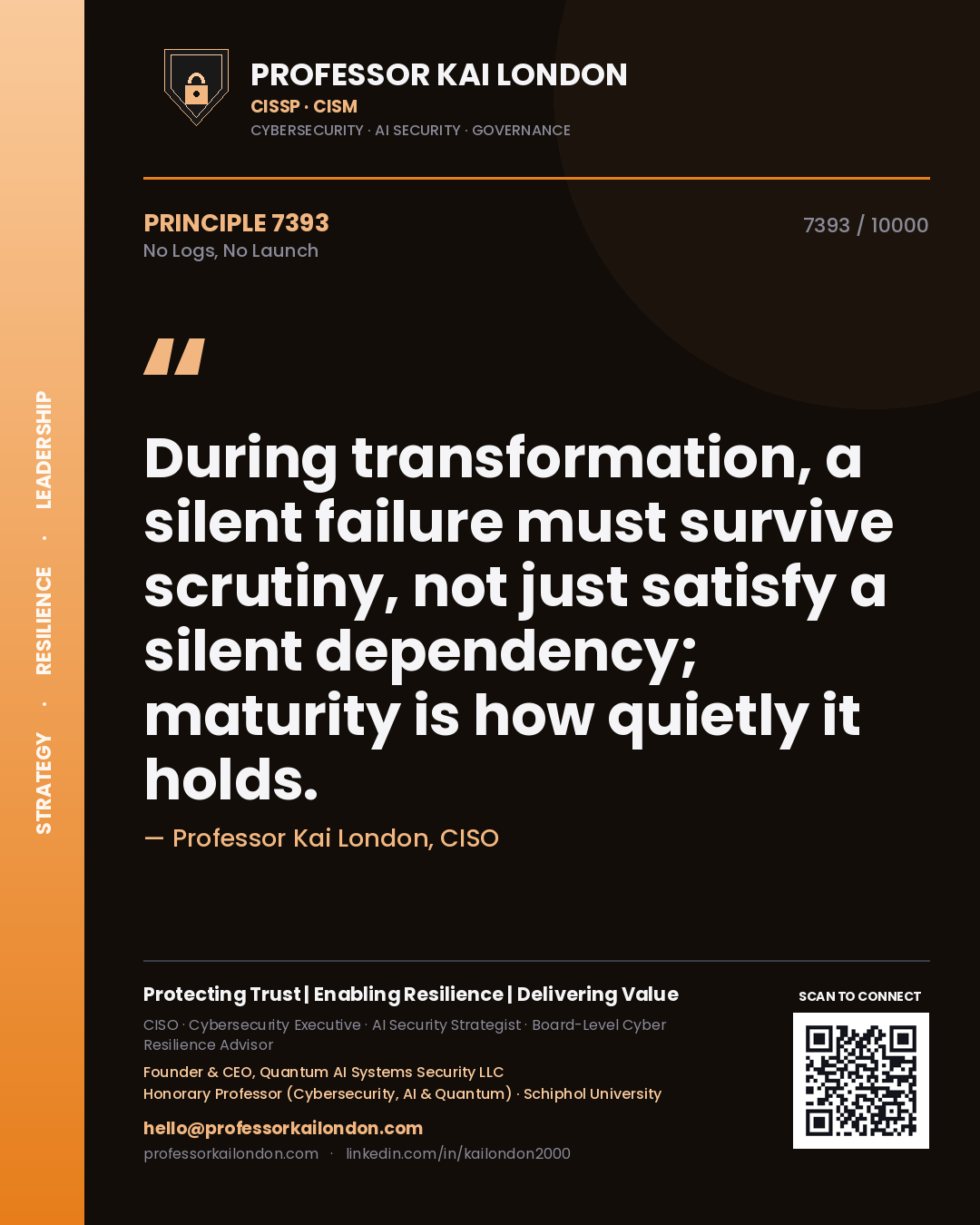 Quote card by Professor Kai London reading 'During transformation, a silent failure must survive scrutiny, not just satisfy a silent dependency; maturity is how quietly it holds.'. From the book No Logs, No Launch.