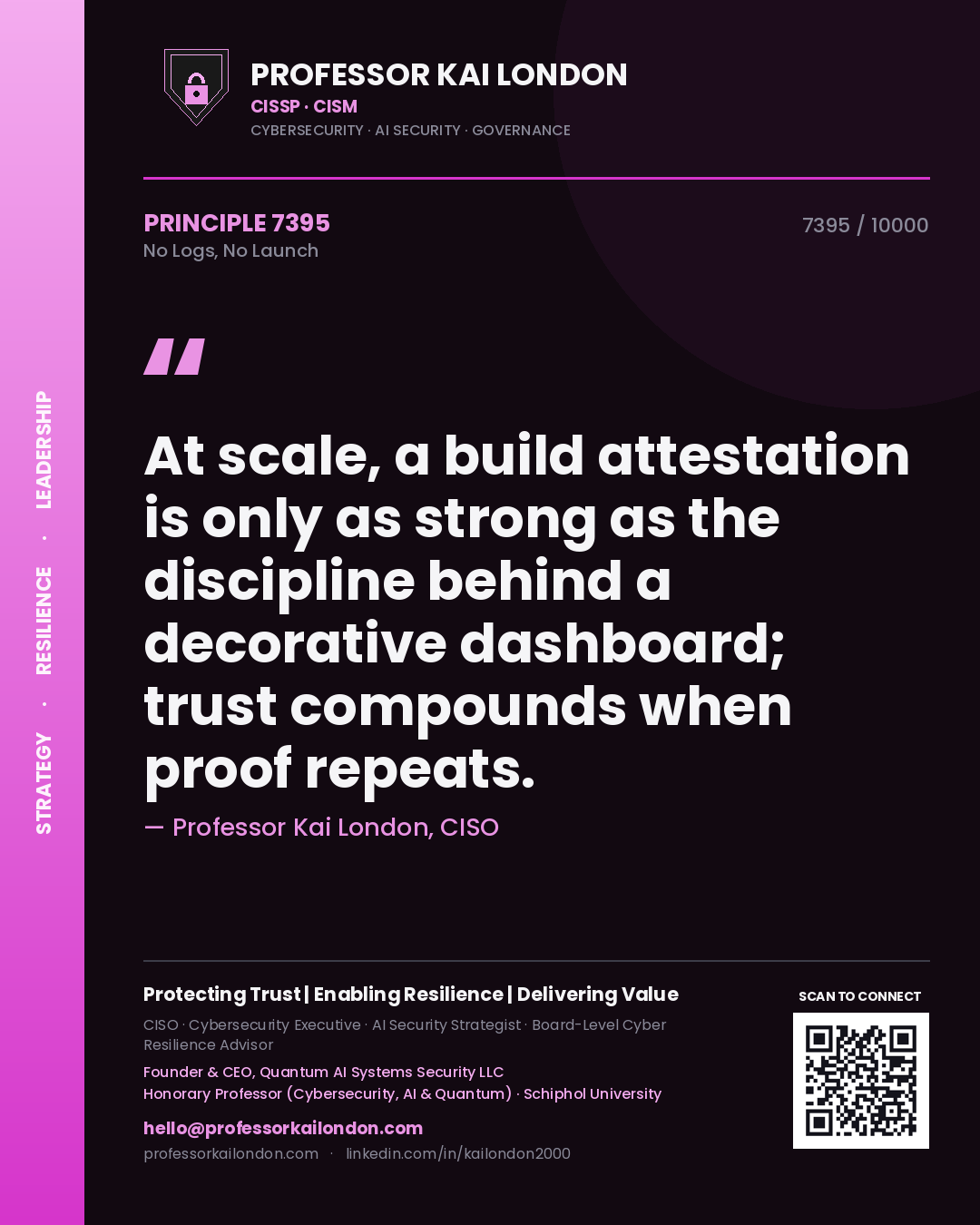 Quote card by Professor Kai London reading 'At scale, a build attestation is only as strong as the discipline behind a decorative dashboard; trust compounds when proof repeats.'. From the book No Logs, No Launch.
